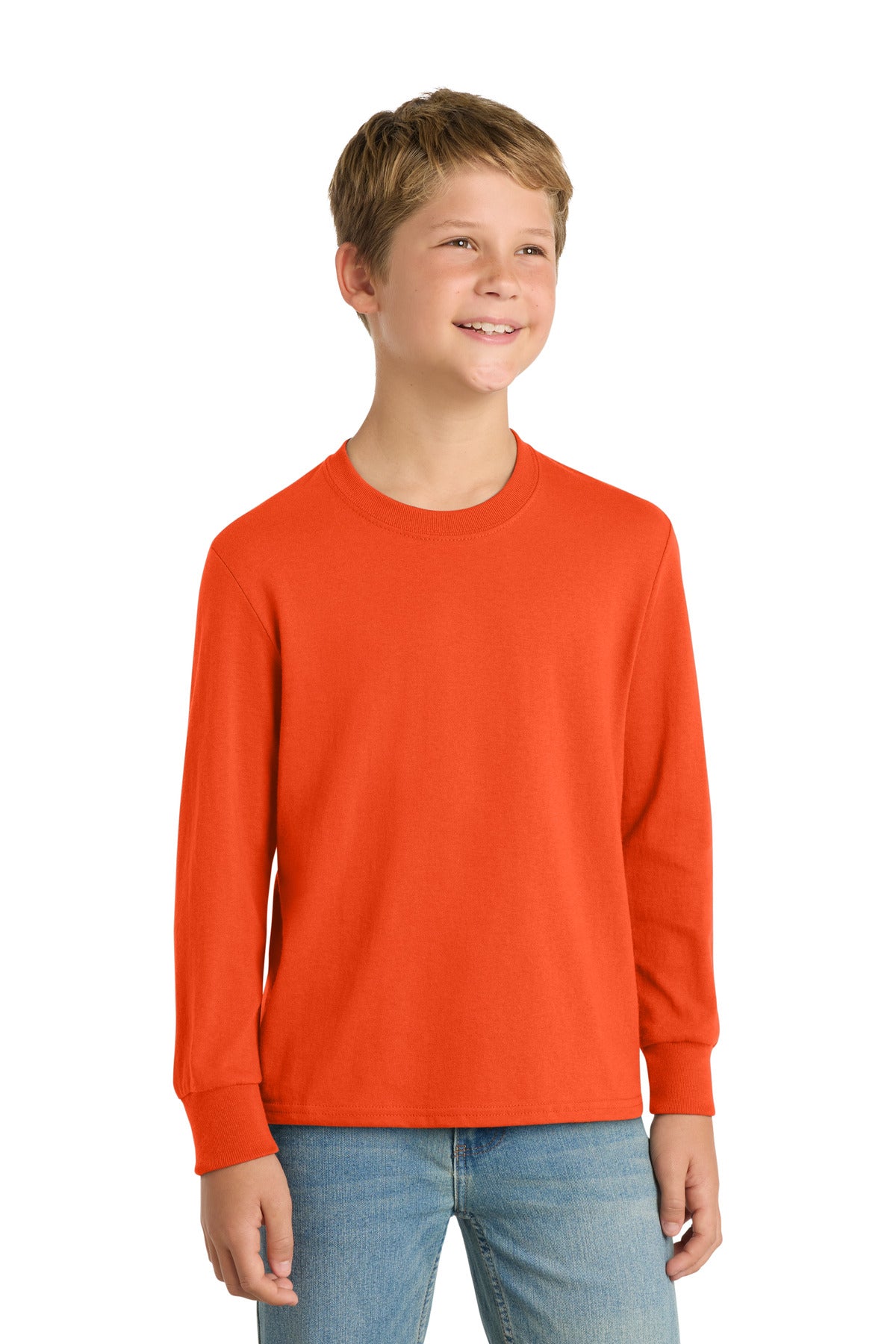 Front View of Orange Port & Co Youth Long Sleeve Core Cotton Tee. PC54YLS plain