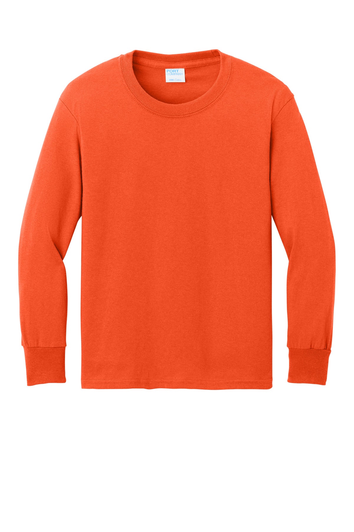 Front View of Orange Port & Co Youth Long Sleeve Core Cotton Tee. PC54YLS plain