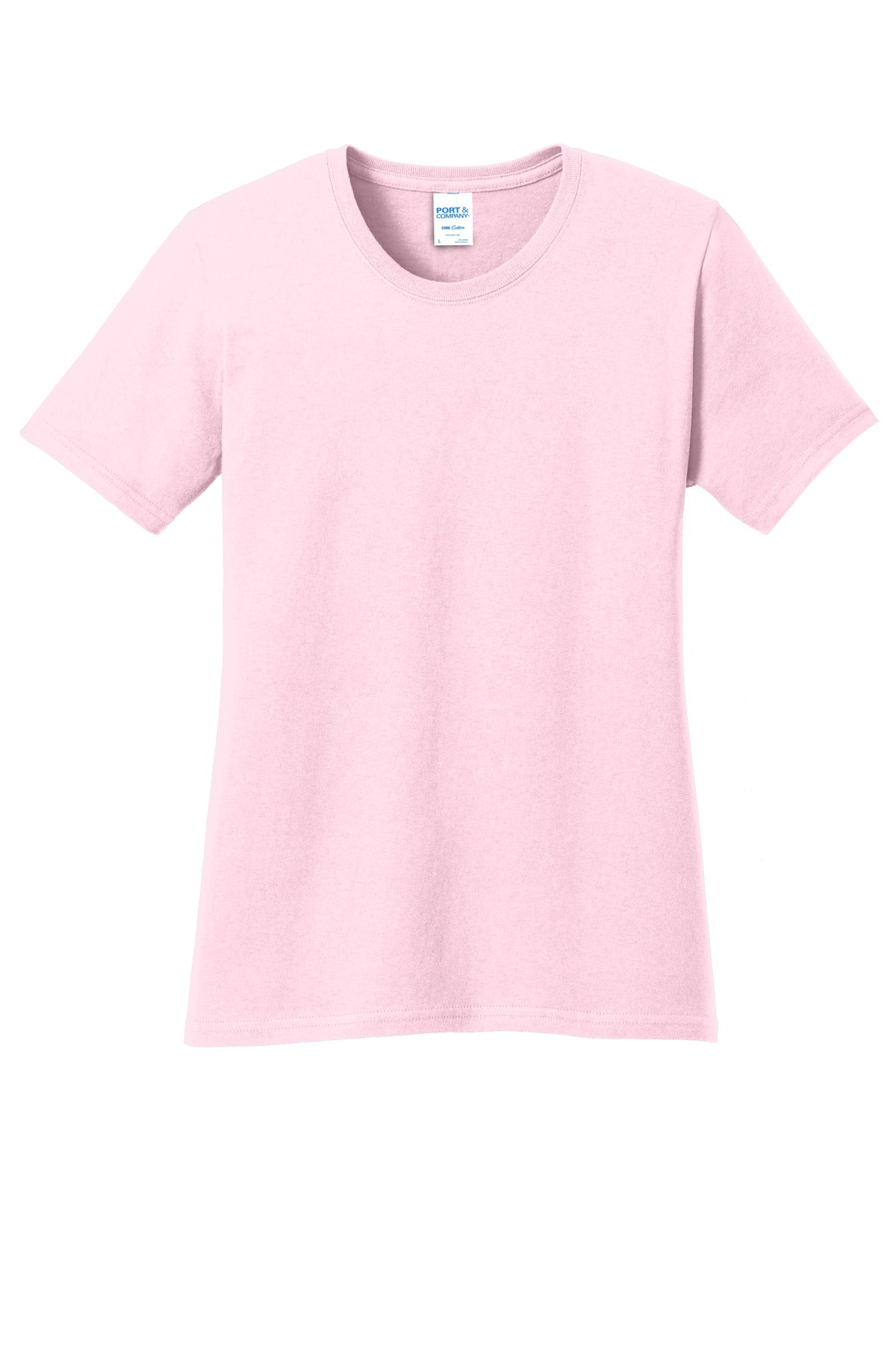 Front View of Pale Pink Port & Co Women's Core Cotton Tee. LPC54 plain