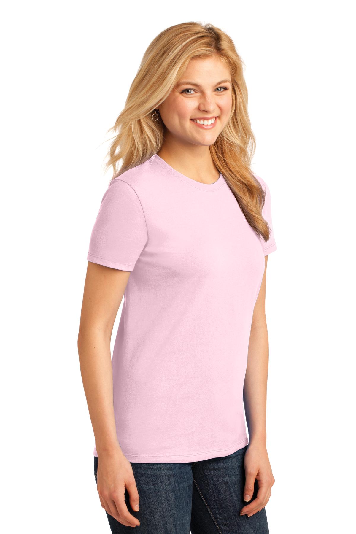 Front View of Pale Pink Port & Co Women's Core Cotton Tee. LPC54 plain