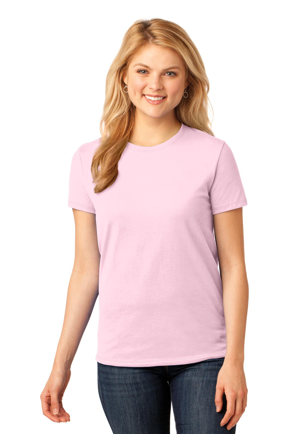 Front View of Pale Pink Port & Co Women's Core Cotton Tee. LPC54 plain