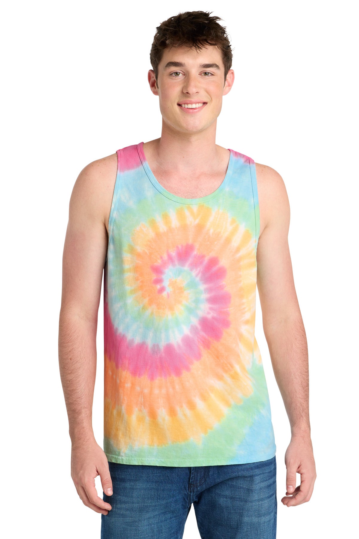 Front View of Pastel Rainbow Port & Co Tie-Dye Tank Top. PC147TT plain