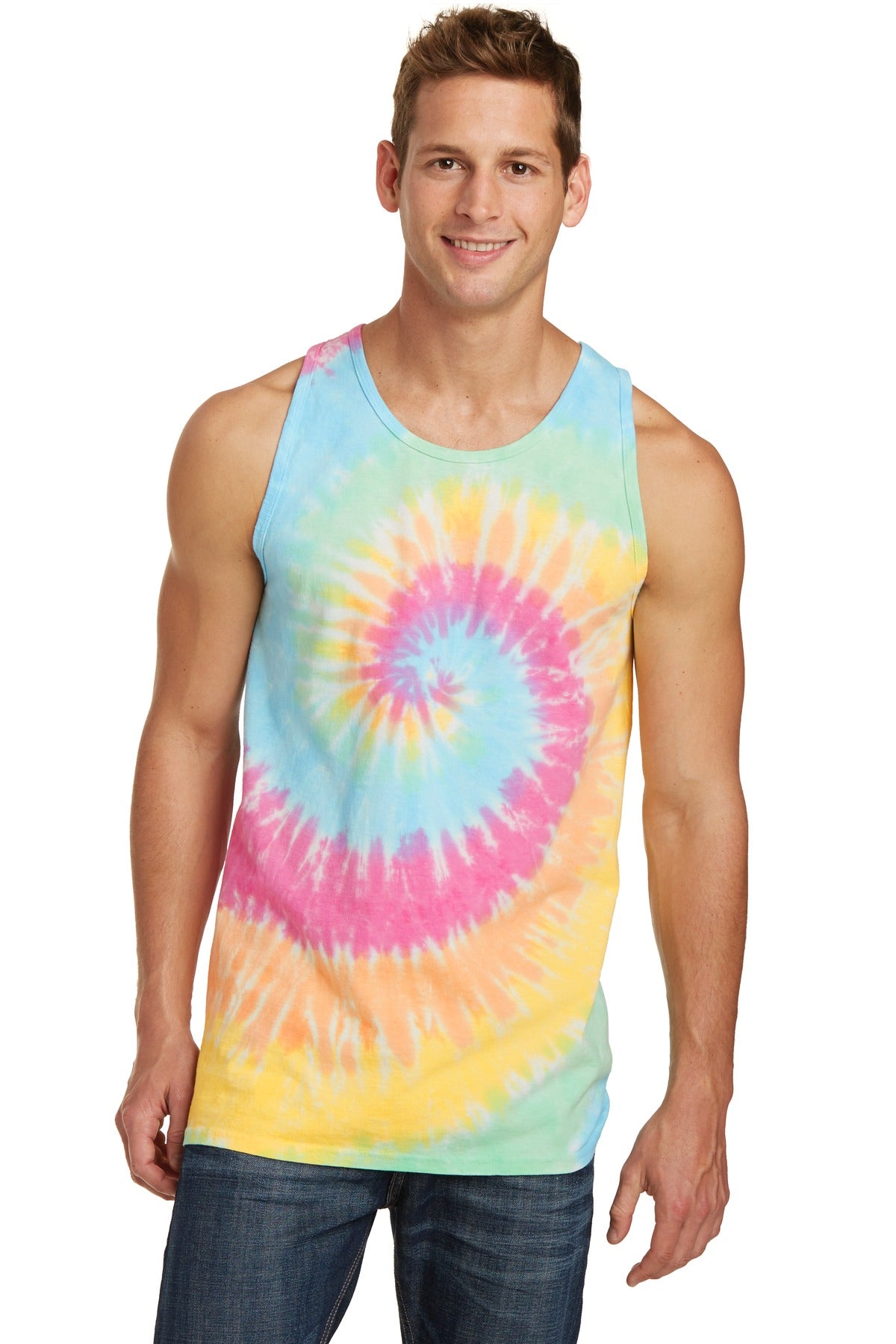Front View of Pastel Rainbow Port & Co Tie-Dye Tank Top. PC147TT plain