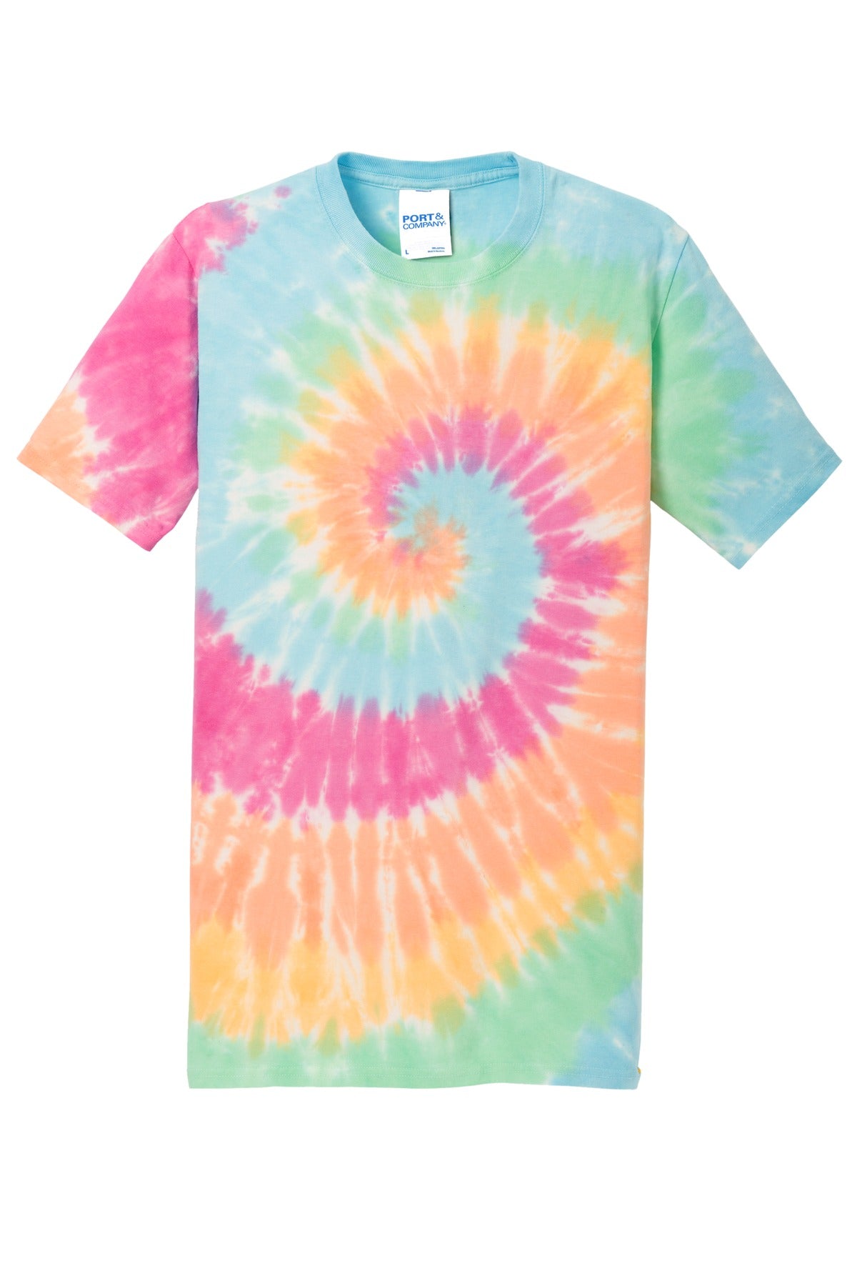 Front View of Pastel Rainbow Port & Co Tie-Dye Tee. PC147 plain