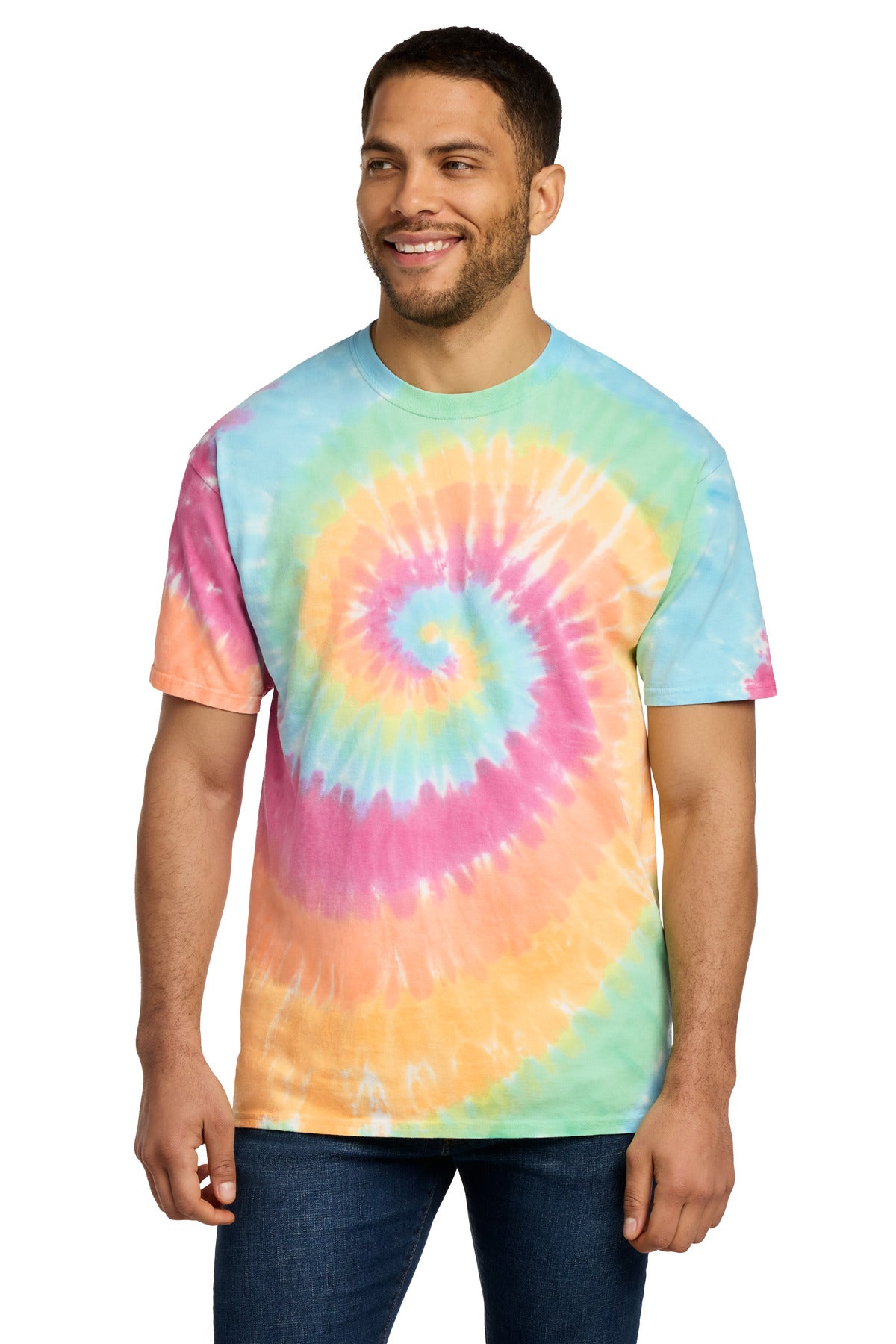 Front View of Pastel Rainbow Port & Co Tie-Dye Tee. PC147 plain