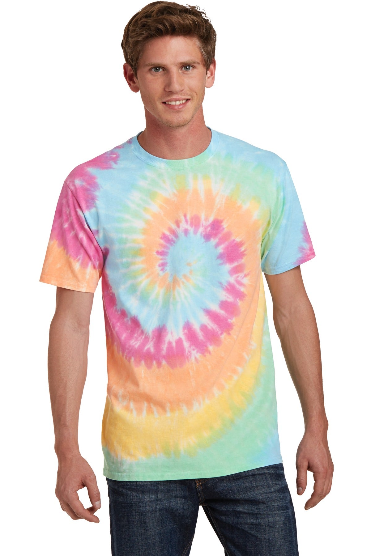 Front View of Pastel Rainbow Port & Co Tie-Dye Tee. PC147 plain
