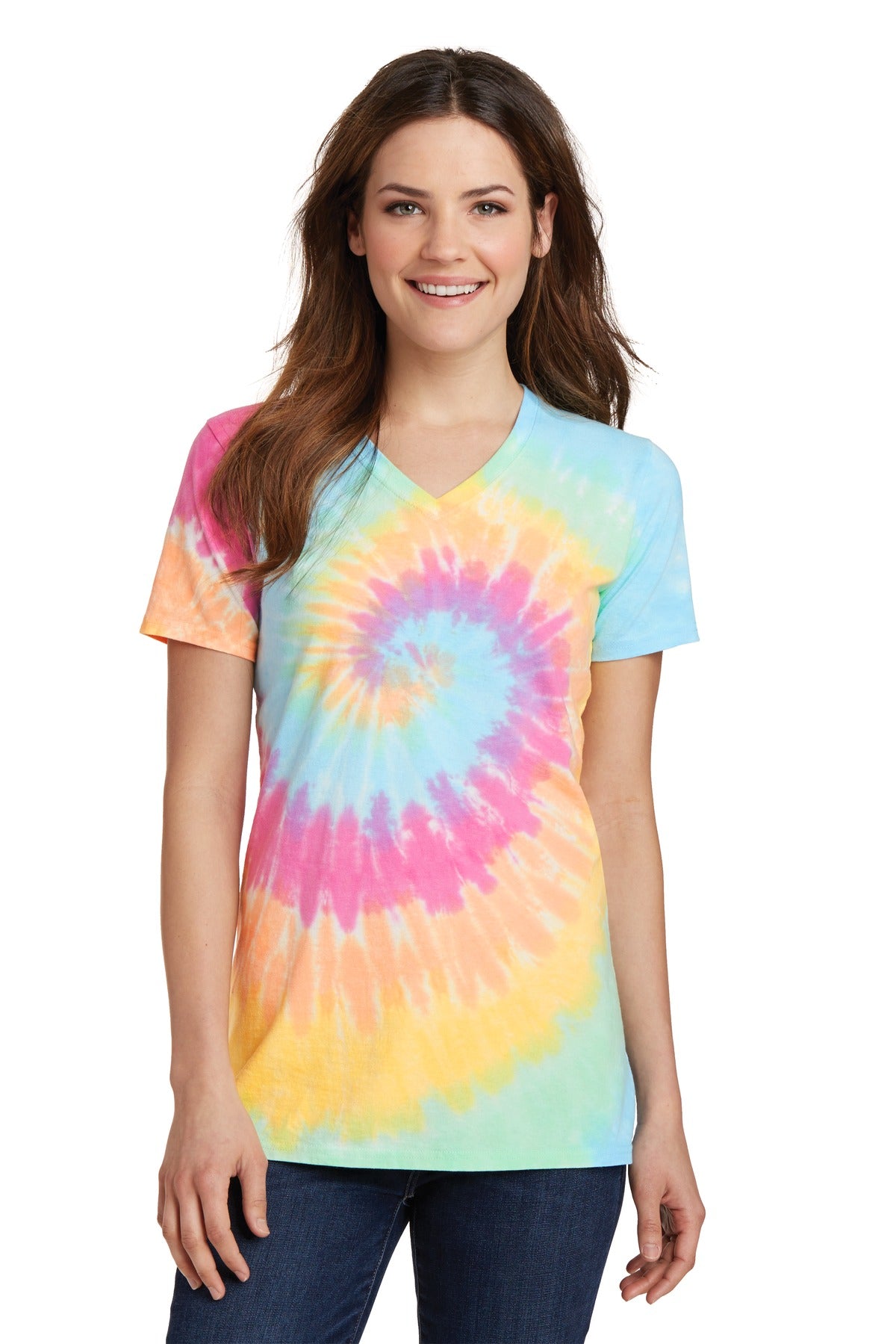 Front View of Pastel Rainbow Port & Co Women's Tie-Dye V-Neck Tee. LPC147V plain