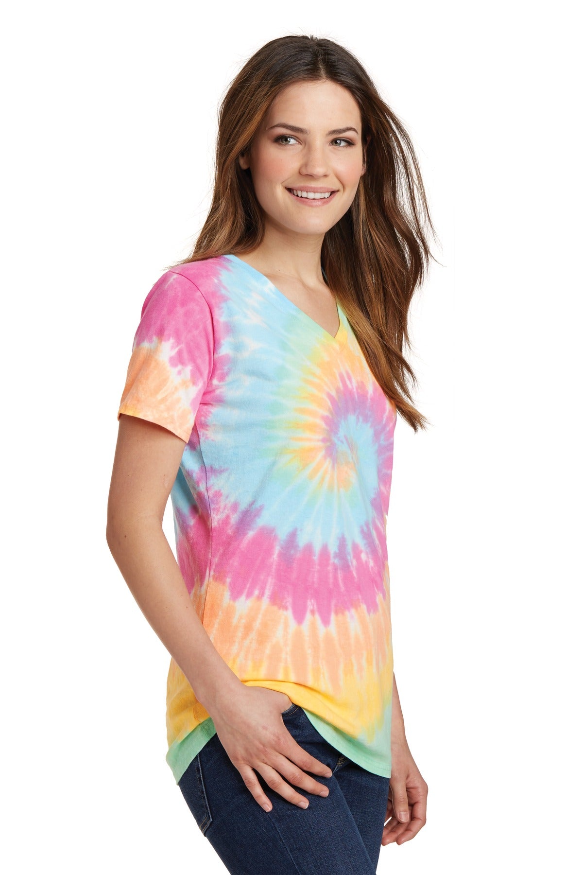 Front View of Pastel Rainbow Port & Co Women's Tie-Dye V-Neck Tee. LPC147V plain