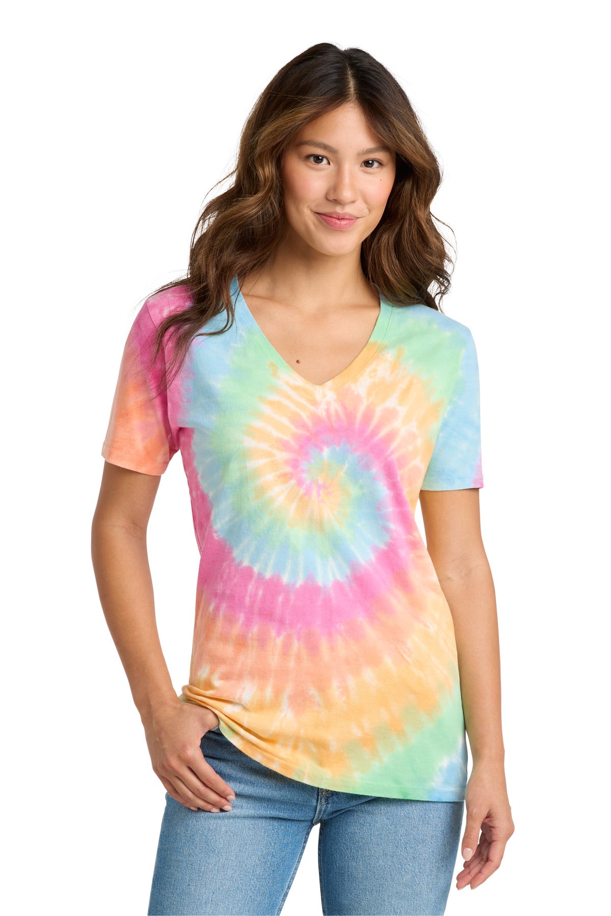 Front View of Pastel Rainbow Port & Co Women's Tie-Dye V-Neck Tee. LPC147V plain