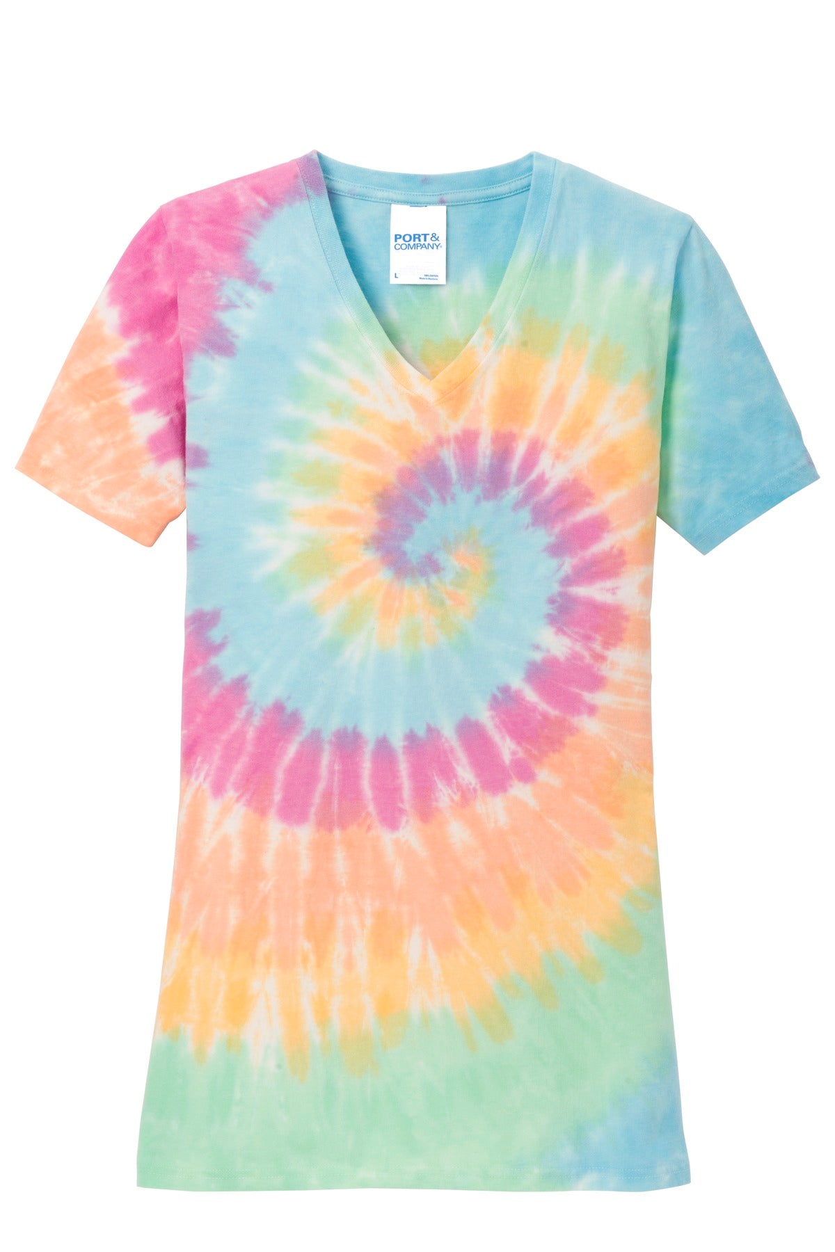 Front View of Pastel Rainbow Port & Co Women's Tie-Dye V-Neck Tee. LPC147V plain