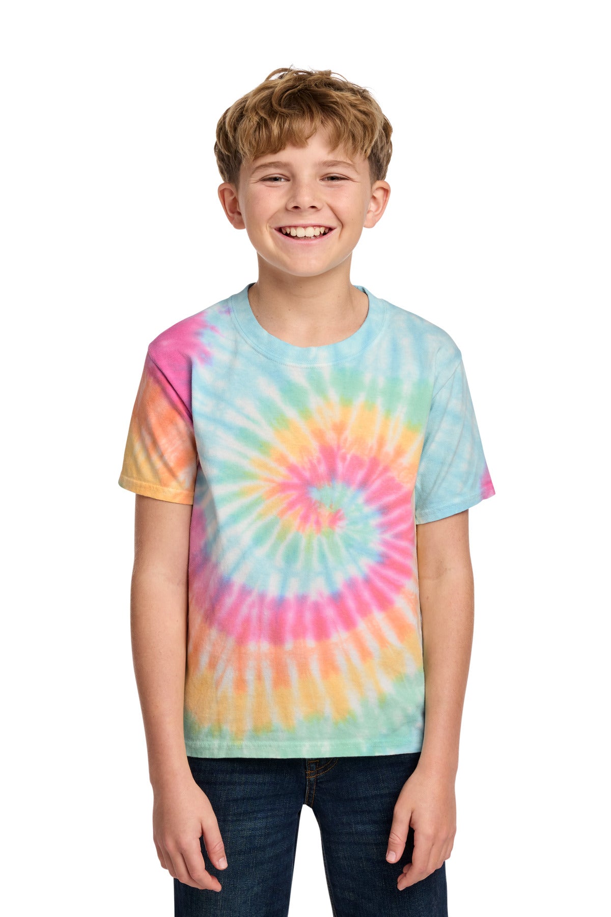 Front View of Pastel Rainbow Port & Co Youth Tie-Dye Tee. PC147Y plain