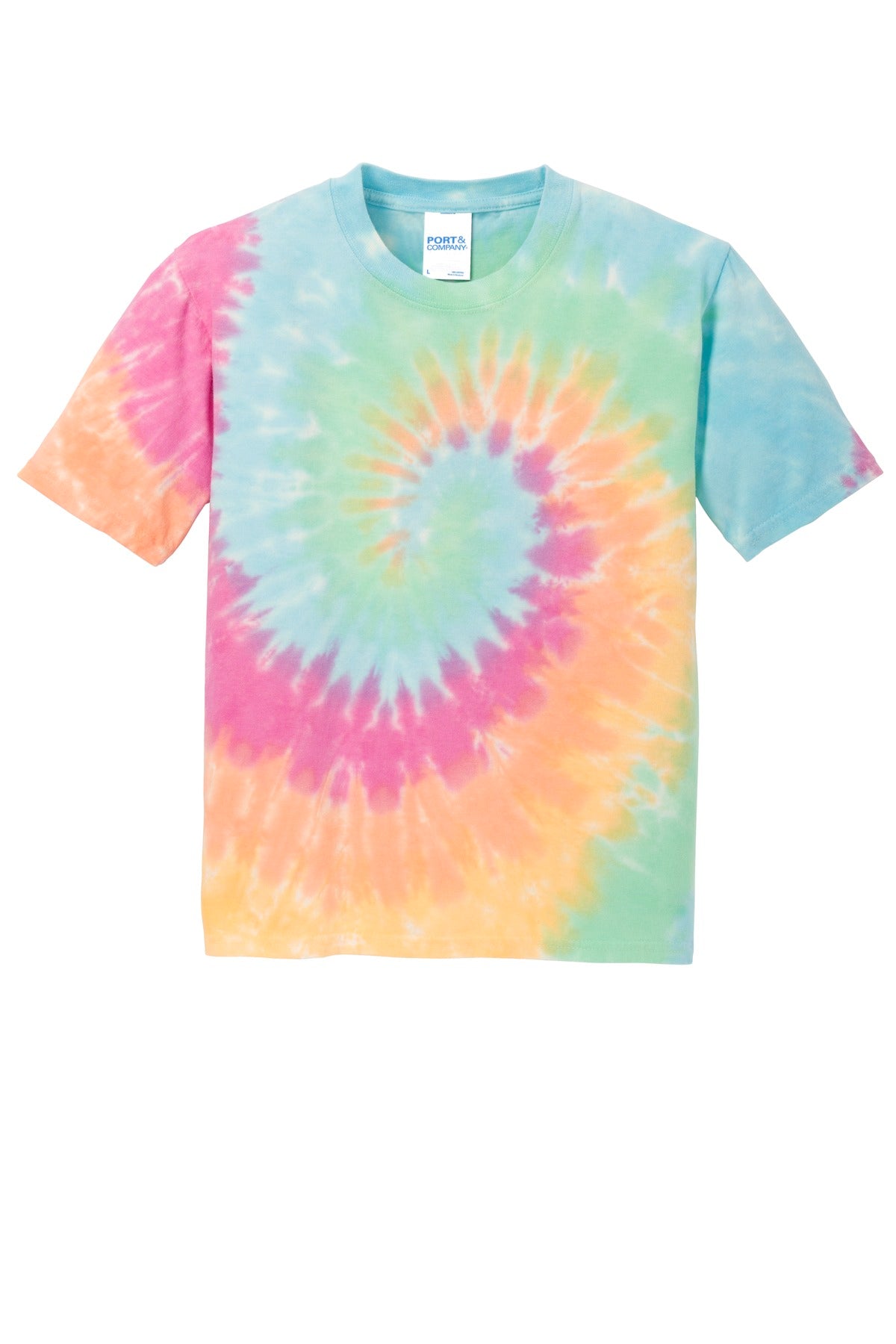 Front View of Pastel Rainbow Port & Co Youth Tie-Dye Tee. PC147Y plain