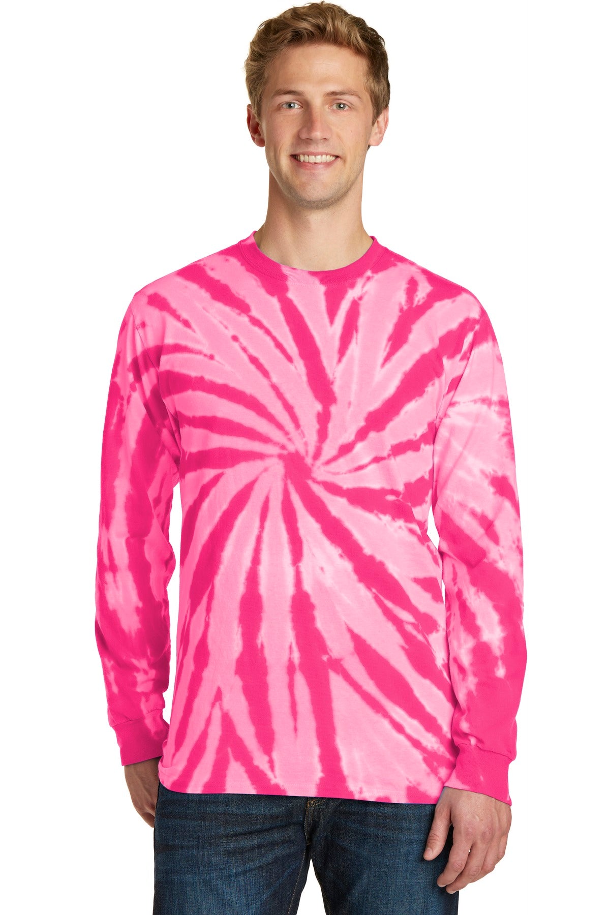 Front View of Pink Port & Co Tie-Dye Long Sleeve Tee. PC147LS plain
