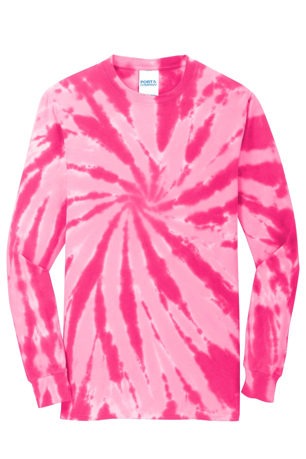 Front View of Pink Port & Co Tie-Dye Long Sleeve Tee. PC147LS plain