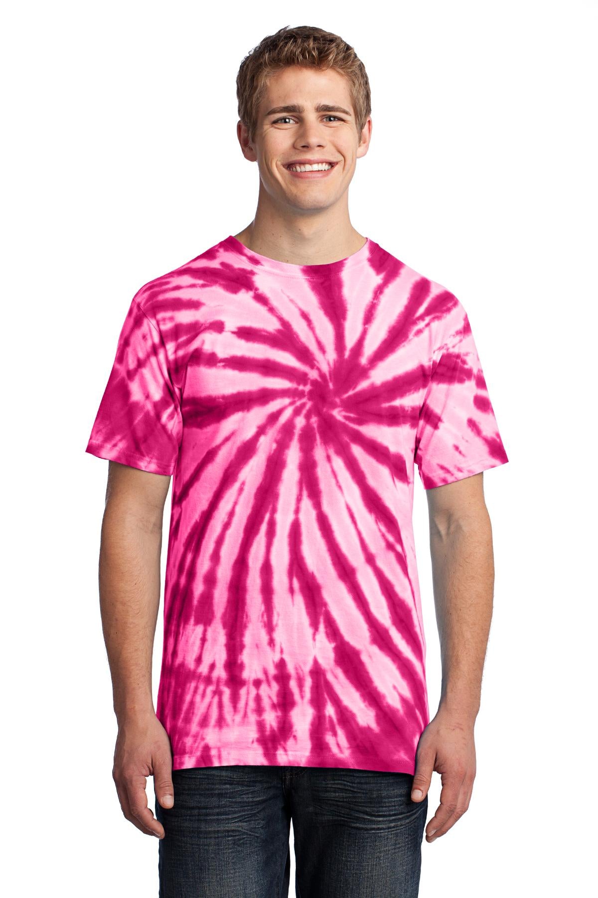 Front View of Pink Port & Co Tie-Dye Tee. PC147 plain