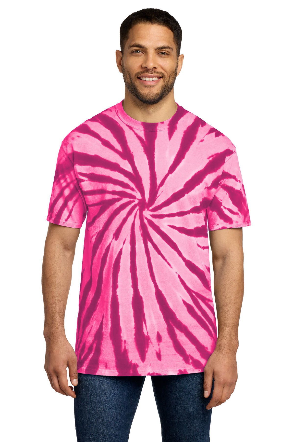 Front View of Pink Port & Co Tie-Dye Tee. PC147 plain