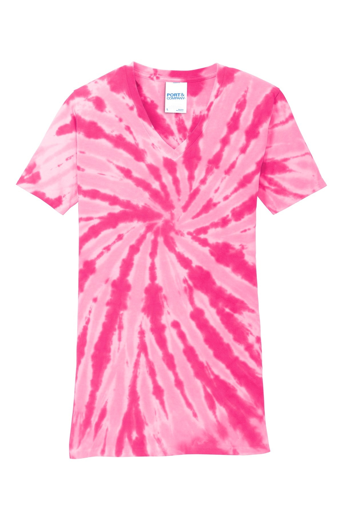 Front View of Pink Port & Co Women's Tie-Dye V-Neck Tee. LPC147V plain