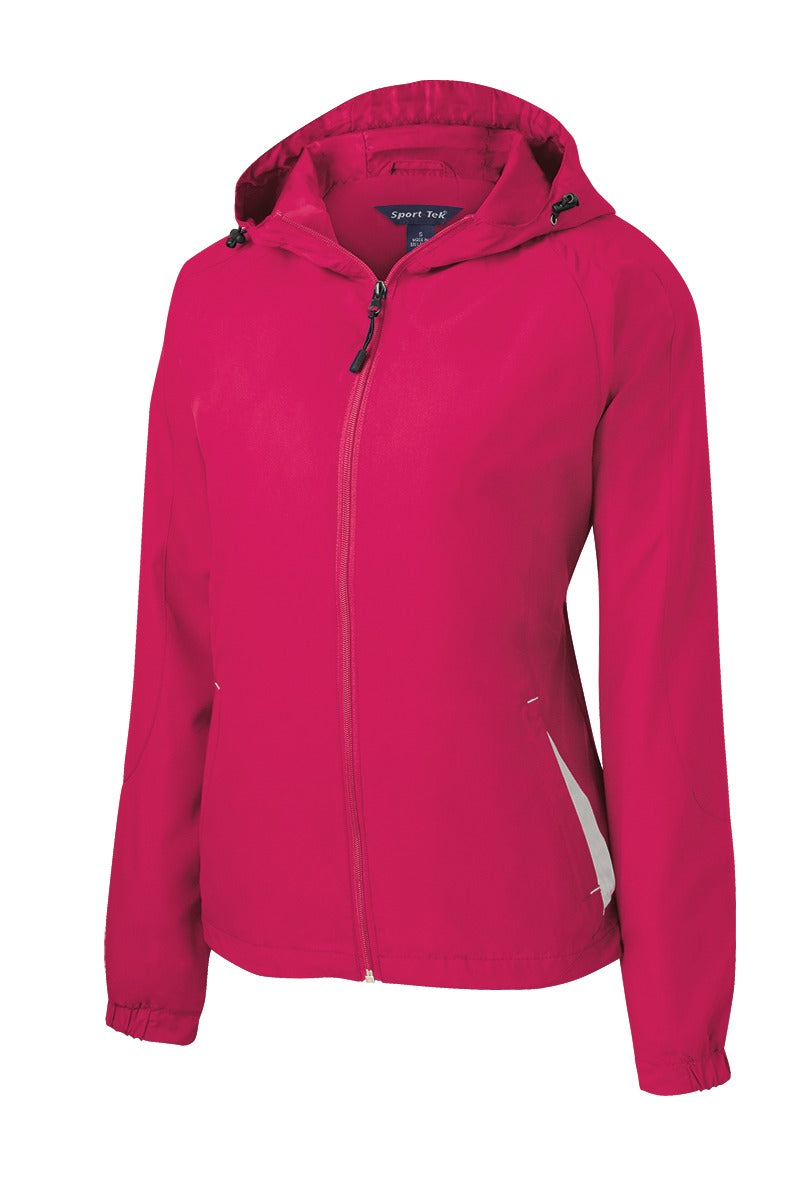 Front View of Pink Rasp/Wht Sport-Tek Women's Colorblock Hooded Raglan Jacket. LST76 plain
