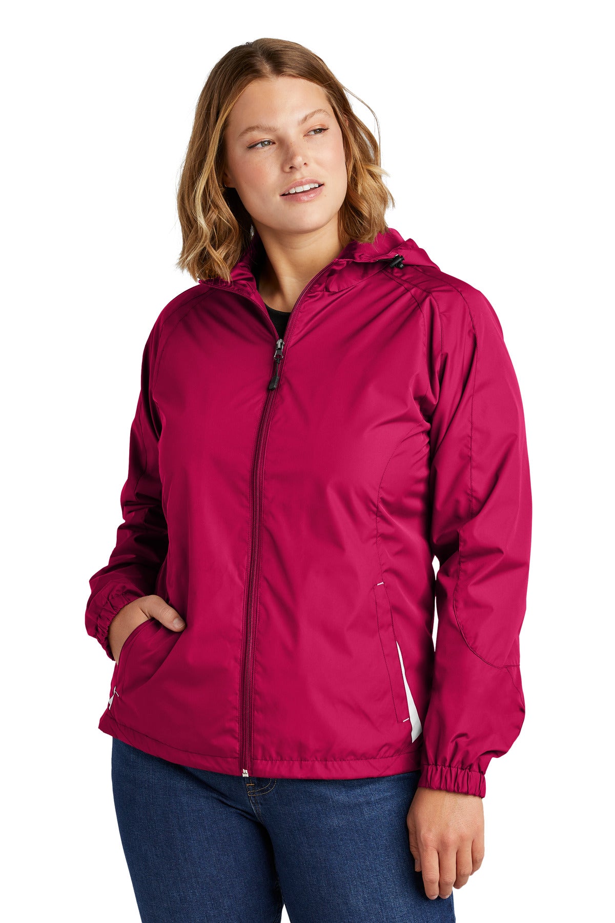 Front View of Pink Rasp/Wht Sport-Tek Women's Colorblock Hooded Raglan Jacket. LST76 plain