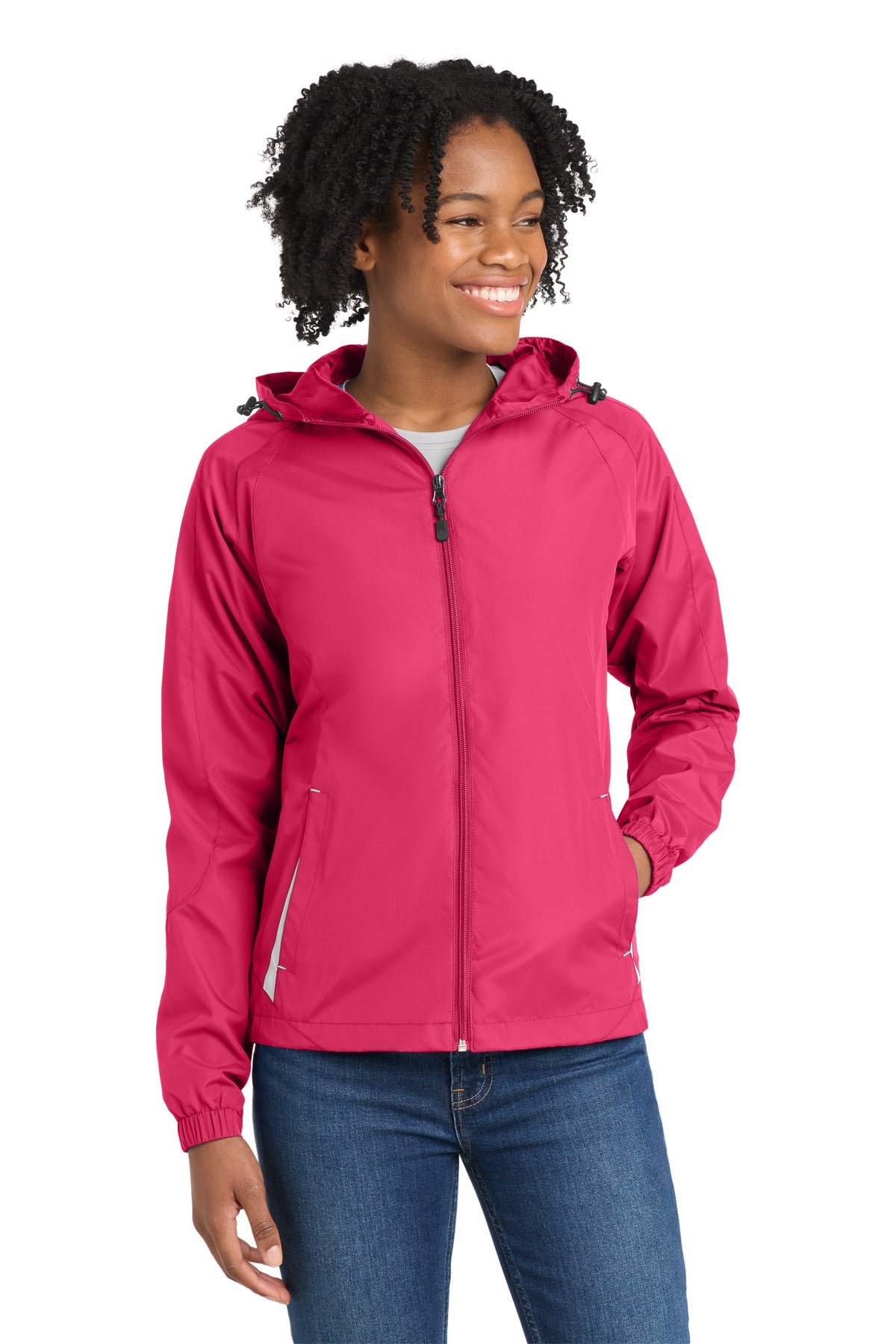Front View of Pink Rasp/Wht Sport-Tek Women's Colorblock Hooded Raglan Jacket. LST76 plain