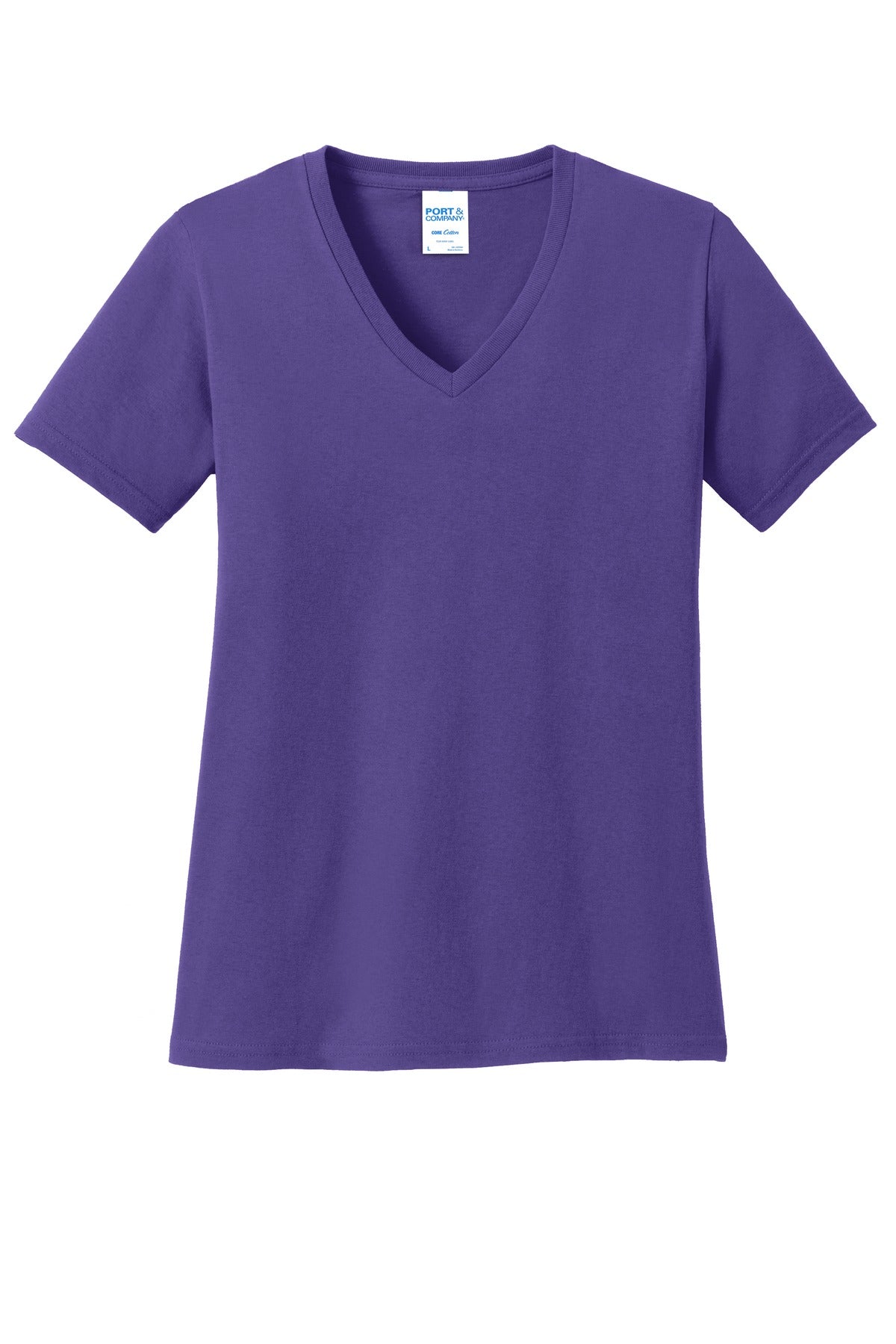 Front View of Purple Port & Co Women's Core Cotton V-Neck Tee. LPC54V plain