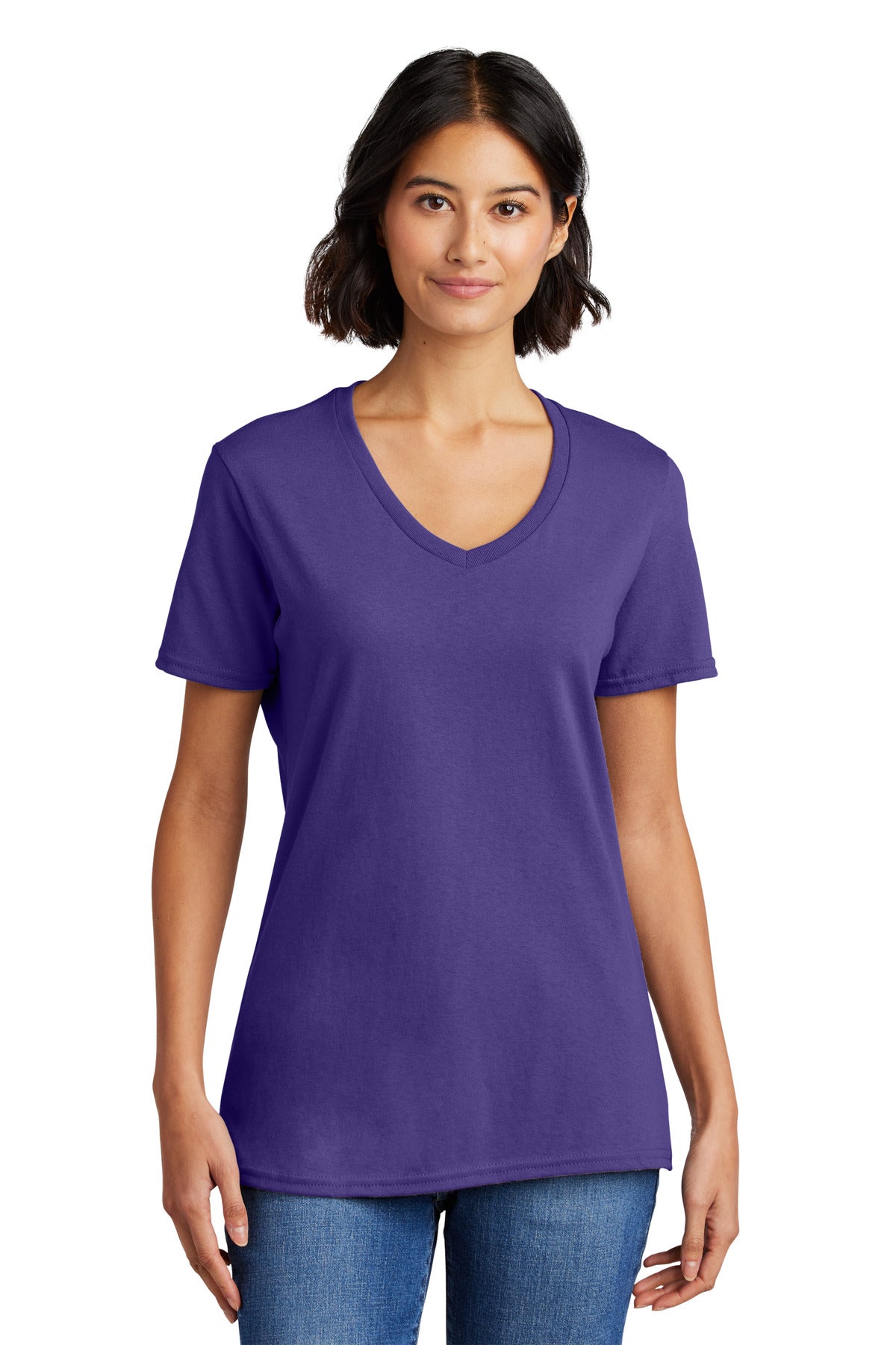 Front View of Purple Port & Co Women's Core Cotton V-Neck Tee. LPC54V plain