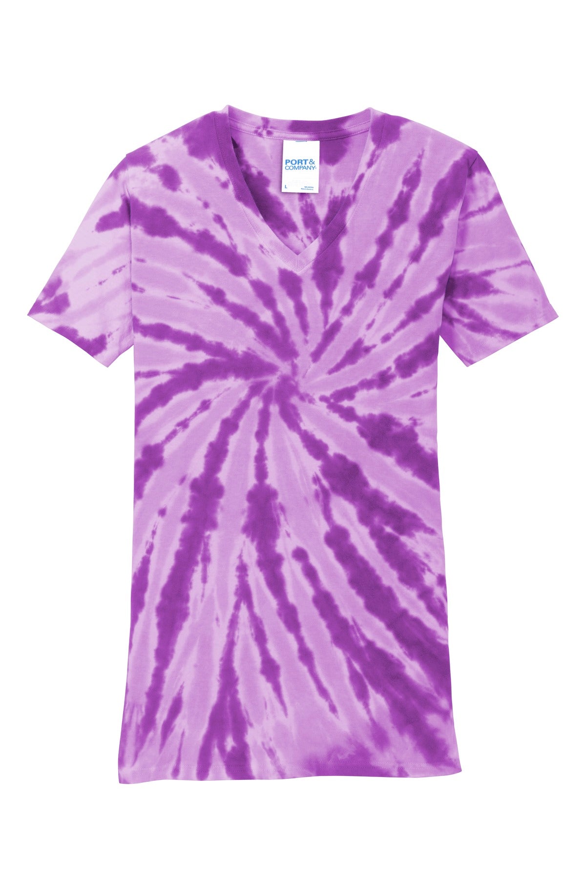 Front View of Purple Port & Co Women's Tie-Dye V-Neck Tee. LPC147V plain