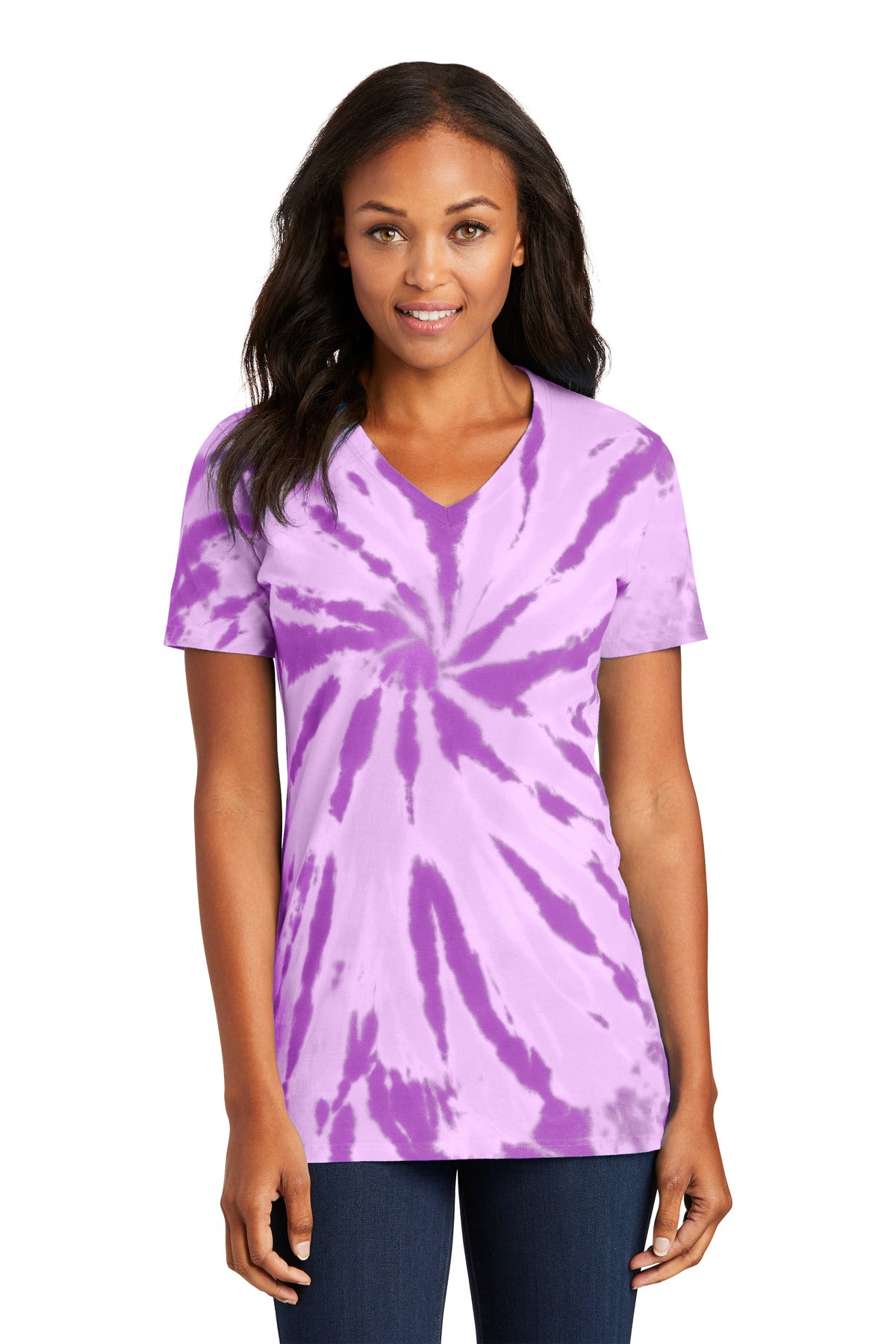 Front View of Purple Port & Co Women's Tie-Dye V-Neck Tee. LPC147V plain