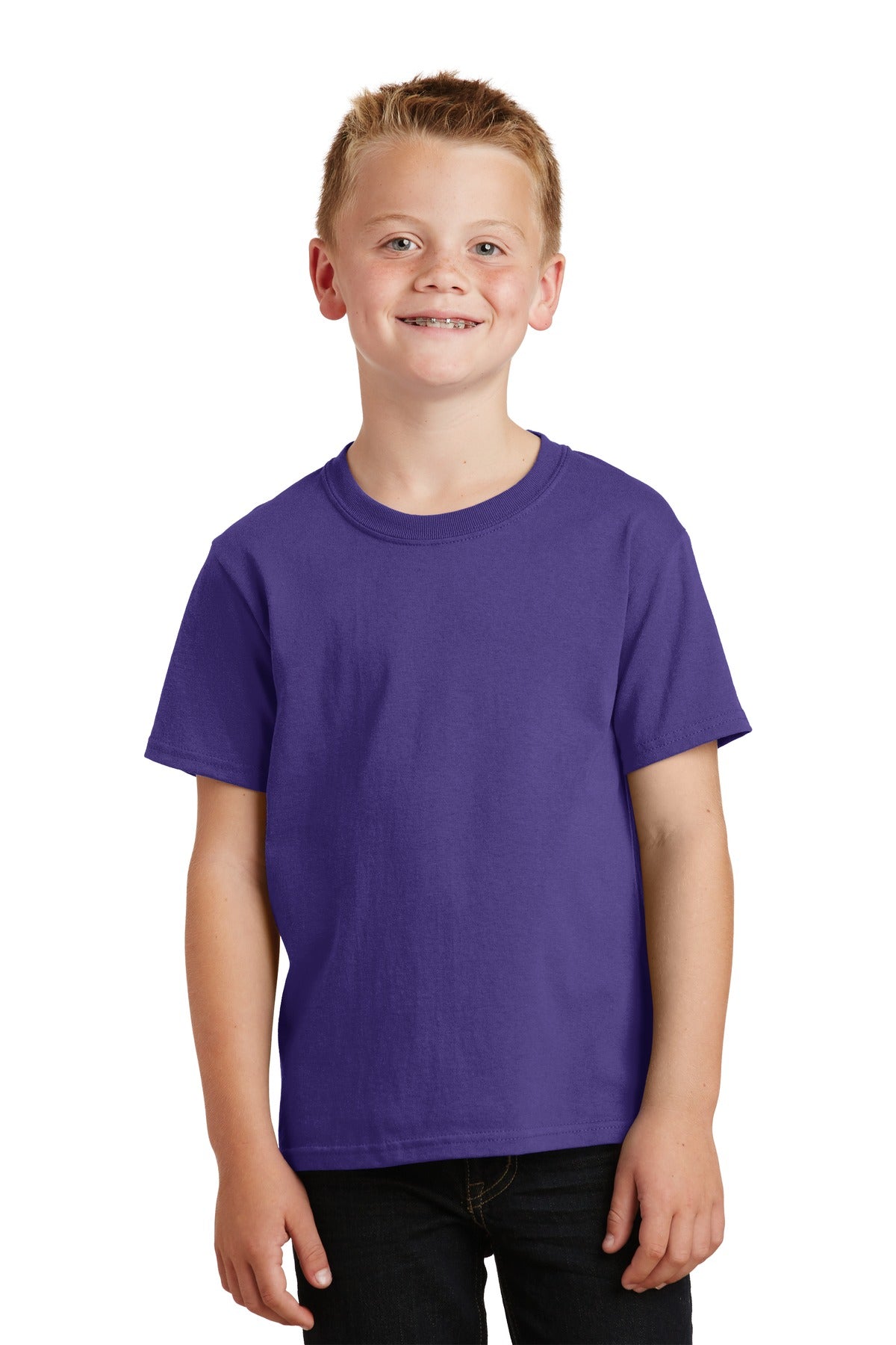 Front View of Purple Port & Co Youth Core Cotton Tee. PC54Y plain