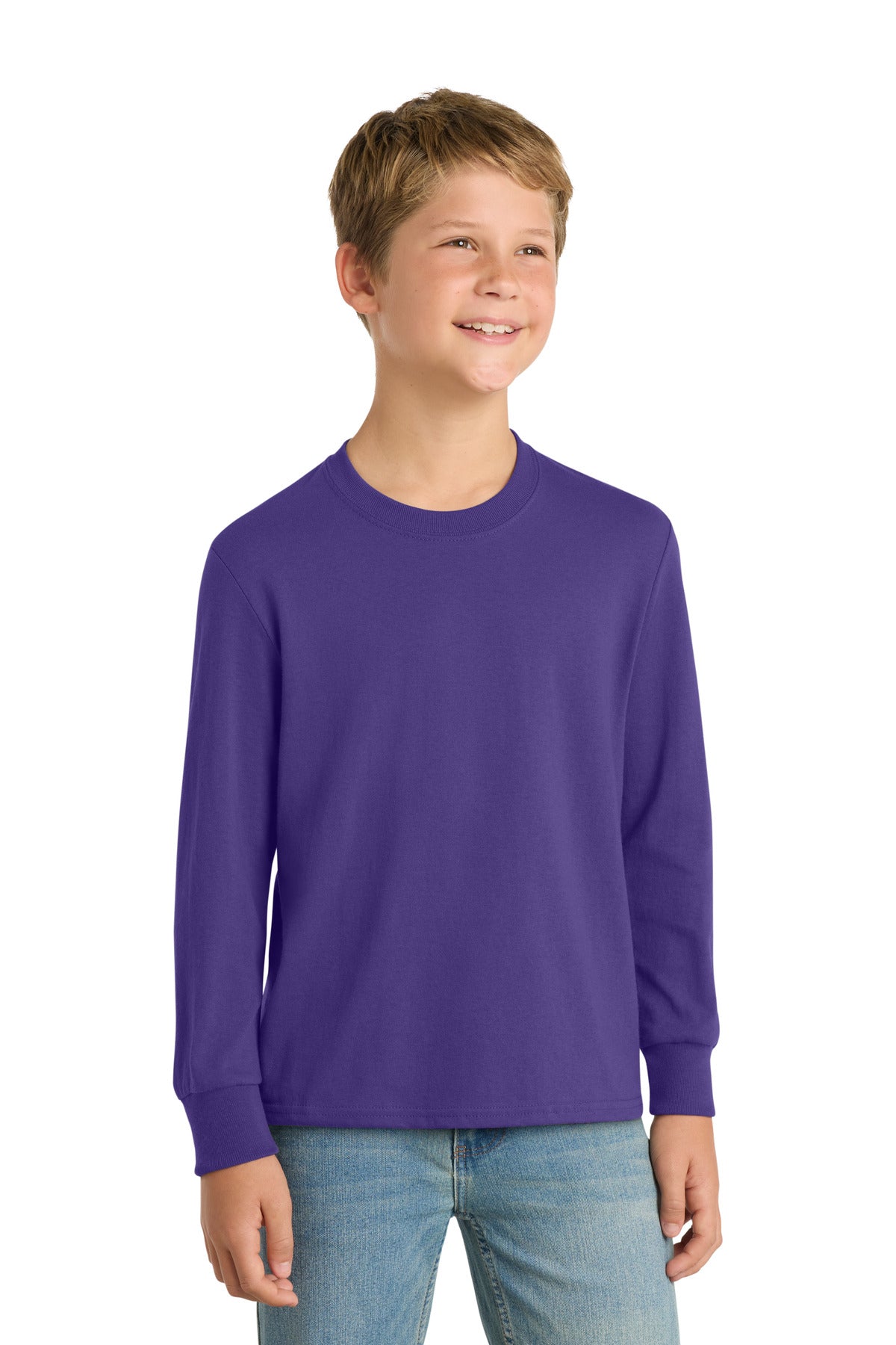Front View of Purple Port & Co Youth Long Sleeve Core Cotton Tee. PC54YLS plain