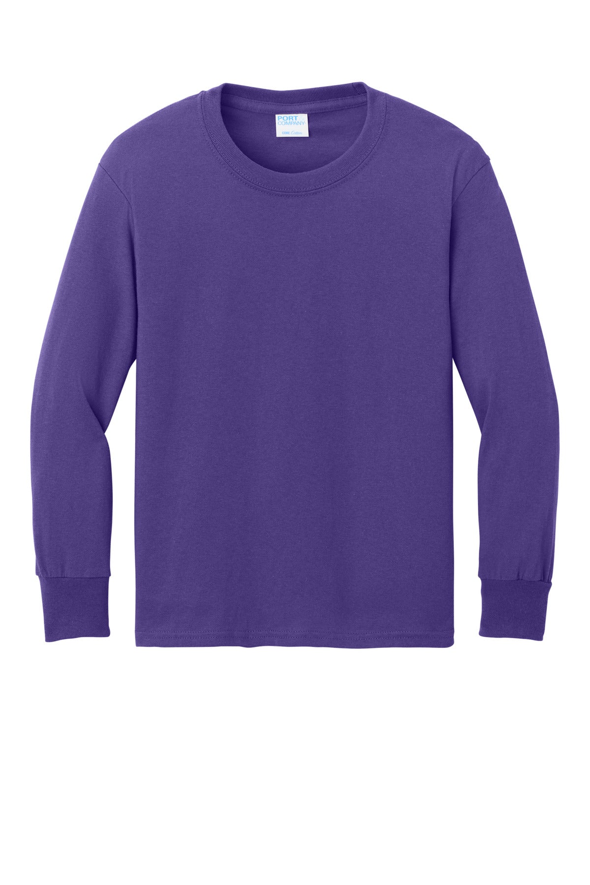 Front View of Purple Port & Co Youth Long Sleeve Core Cotton Tee. PC54YLS plain