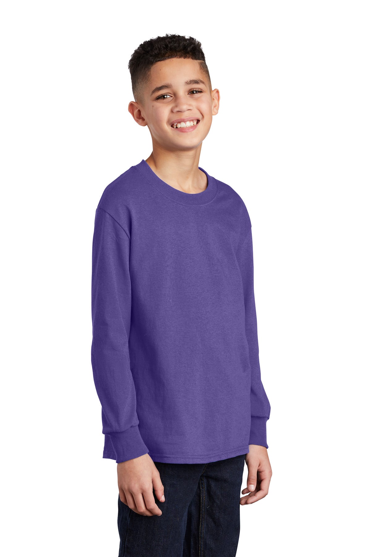 Front View of Purple Port & Co Youth Long Sleeve Core Cotton Tee. PC54YLS plain