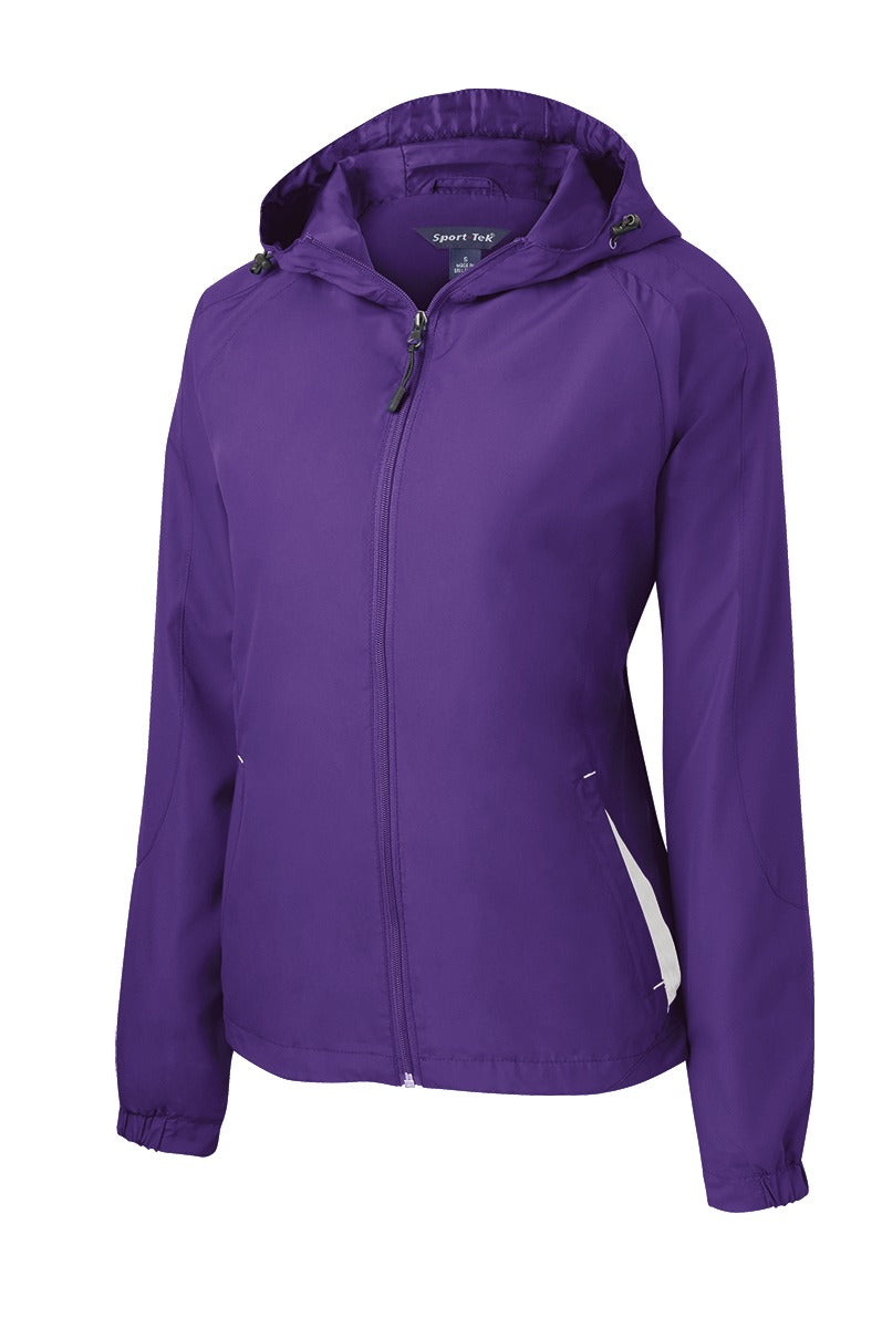 Front View of Purple/White Sport-Tek Women's Colorblock Hooded Raglan Jacket. LST76 plain