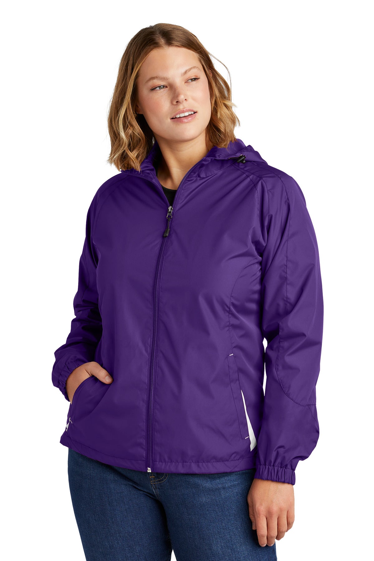 Front View of Purple/White Sport-Tek Women's Colorblock Hooded Raglan Jacket. LST76 plain