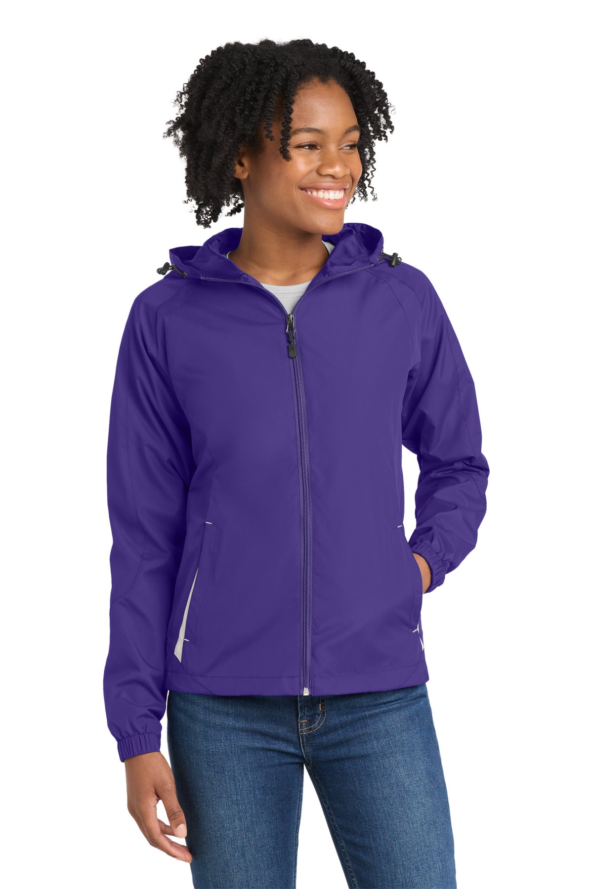 Front View of Purple/White Sport-Tek Women's Colorblock Hooded Raglan Jacket. LST76 plain