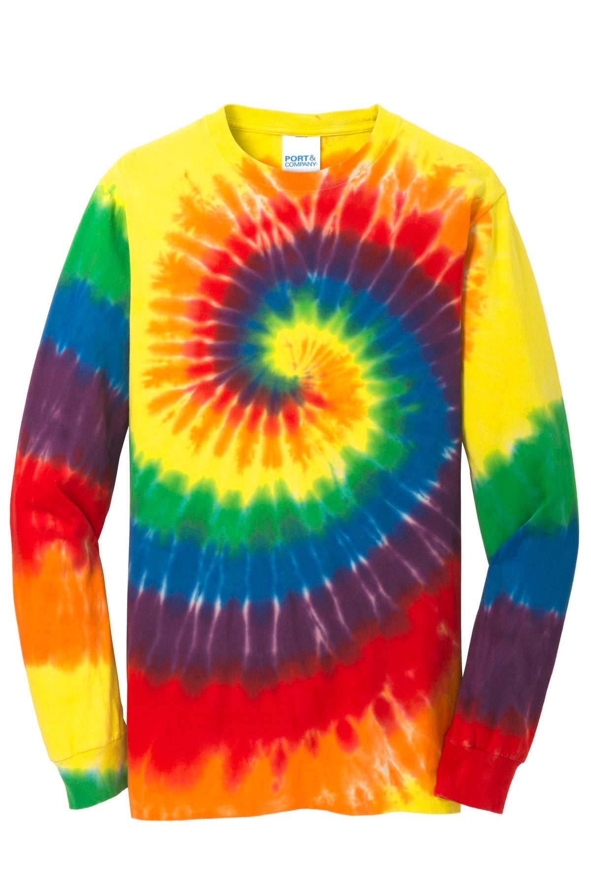 Front View of Rainbow Port & Co Tie-Dye Long Sleeve Tee. PC147LS plain