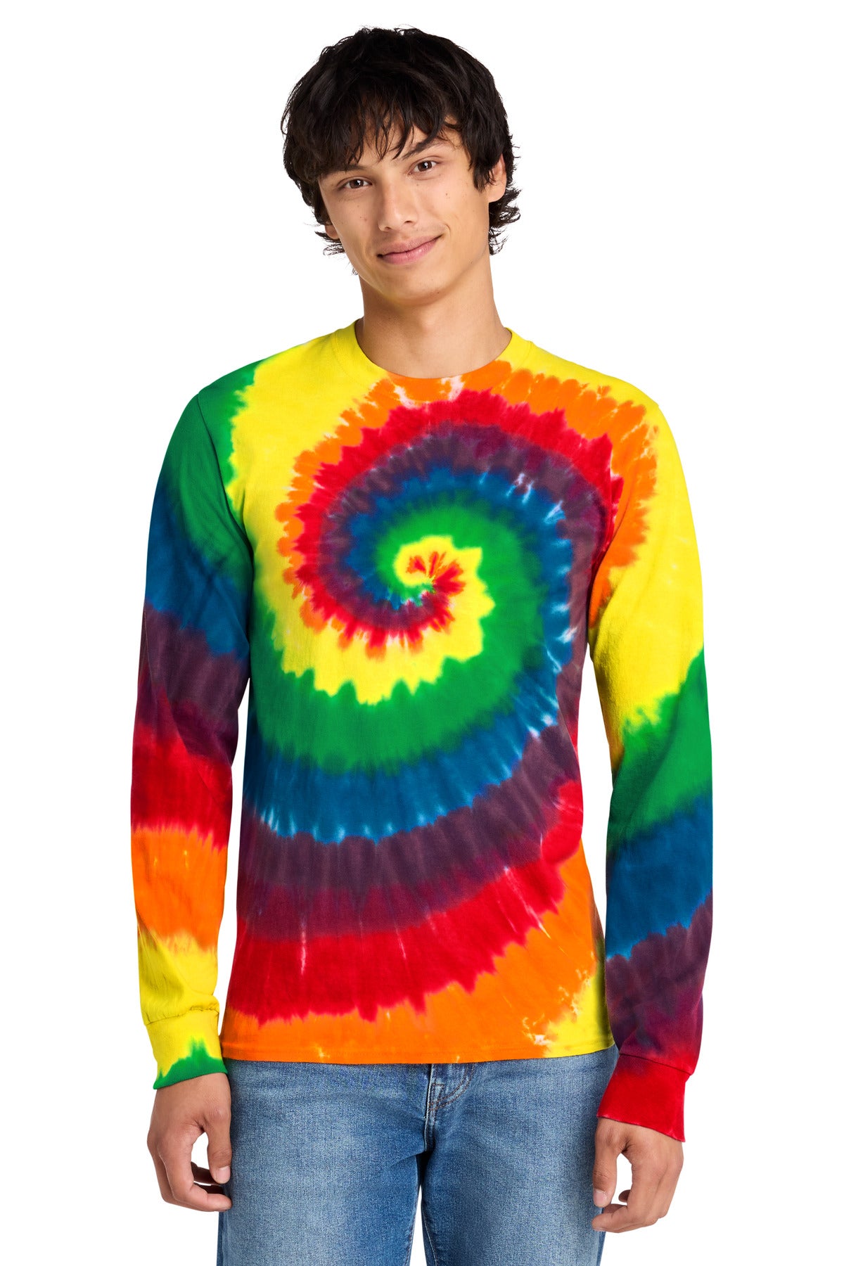 Front View of Rainbow Port & Co Tie-Dye Long Sleeve Tee. PC147LS plain
