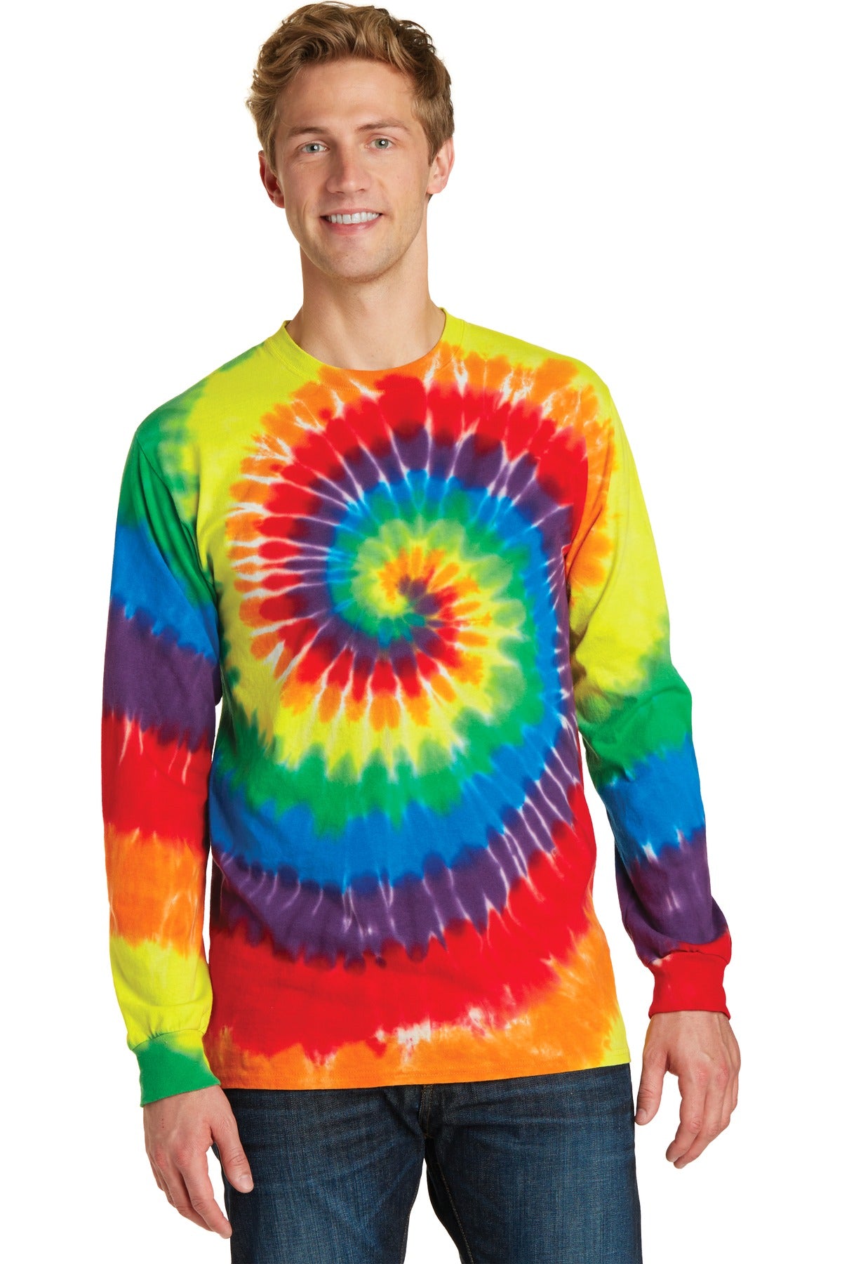 Front View of Rainbow Port & Co Tie-Dye Long Sleeve Tee. PC147LS