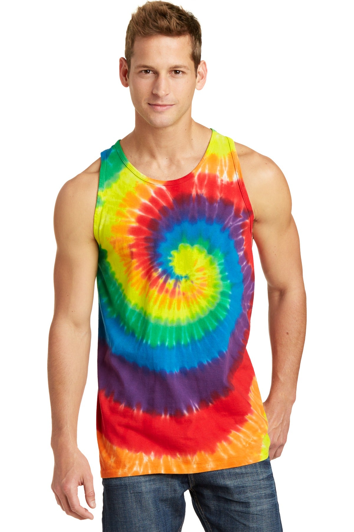 Front View of Rainbow Port & Co Tie-Dye Tank Top. PC147TT plain
