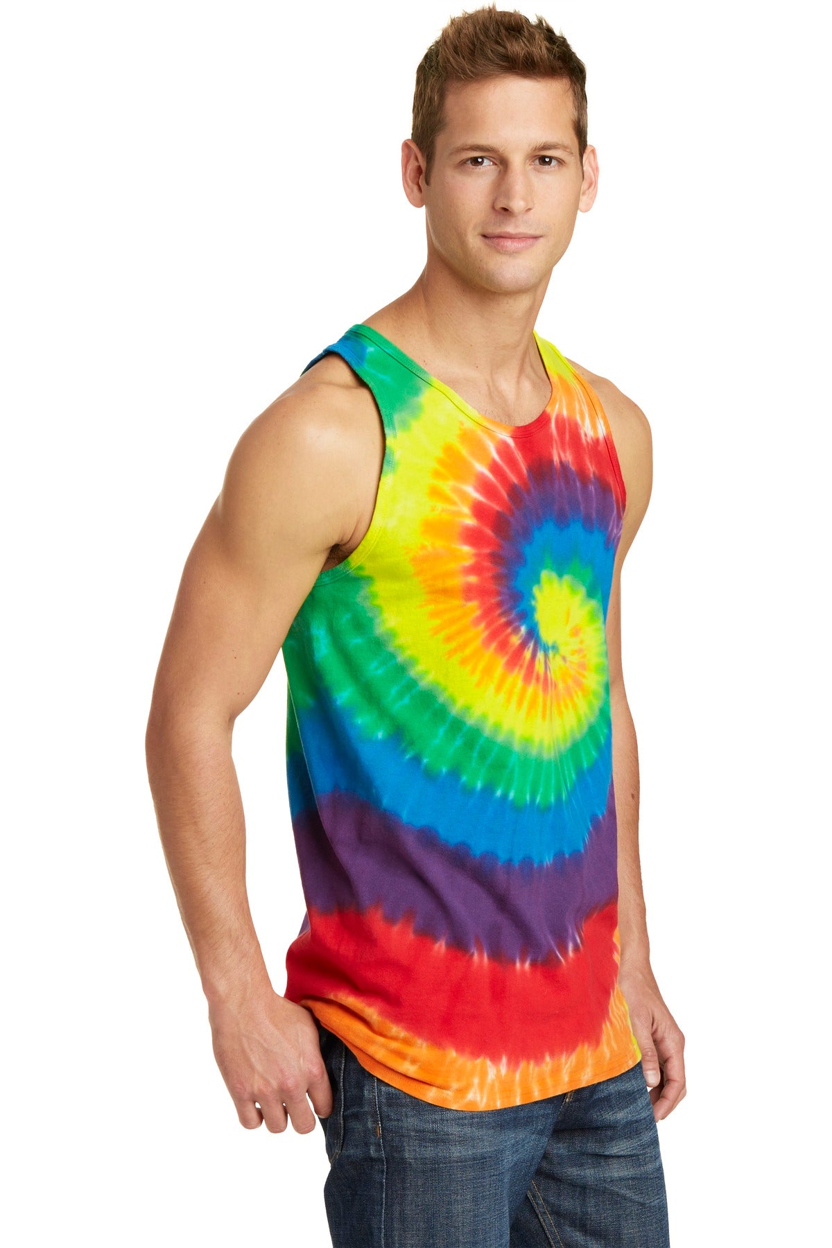 Front View of Rainbow Port & Co Tie-Dye Tank Top. PC147TT plain