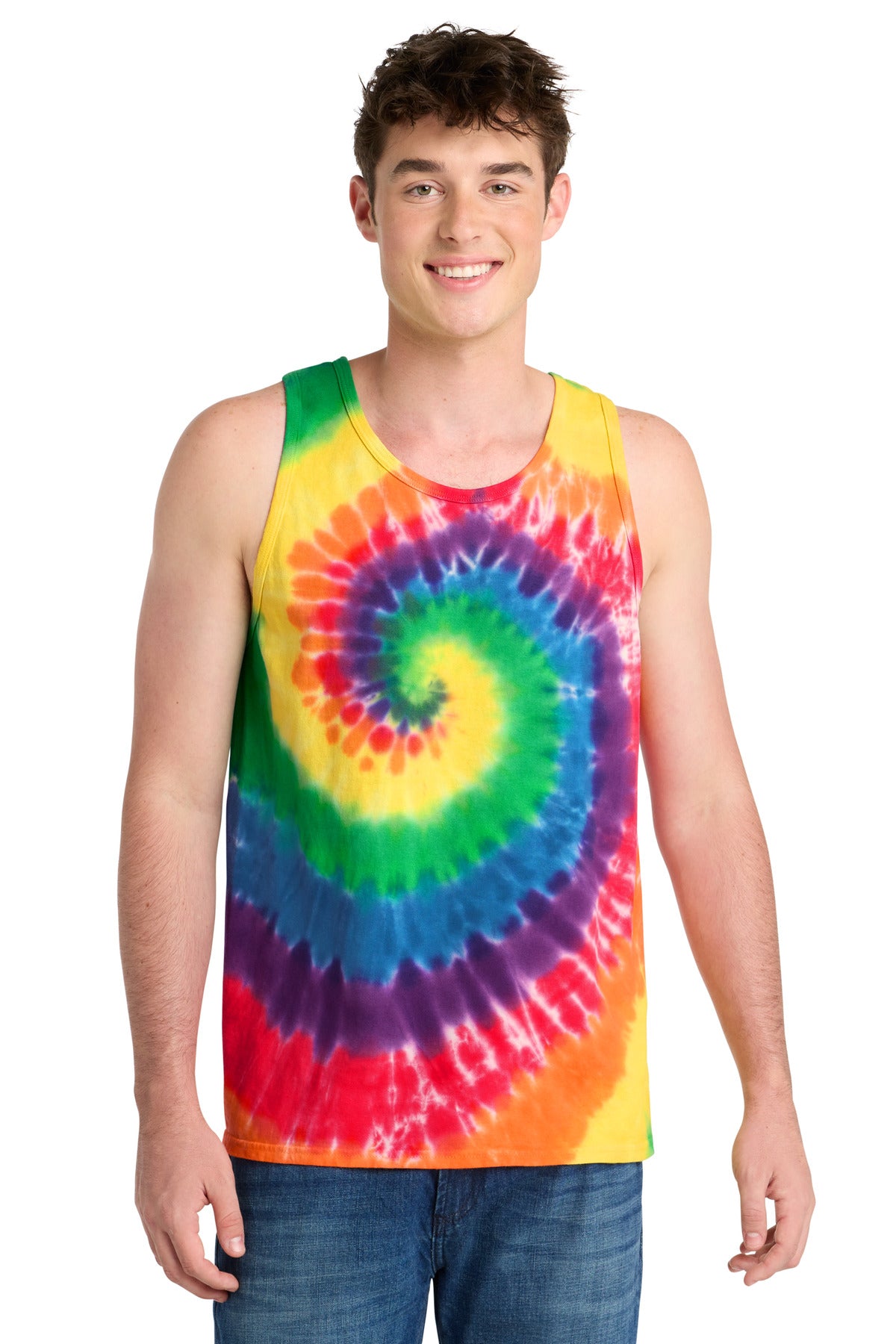 Front View of Rainbow Port & Co Tie-Dye Tank Top. PC147TT plain