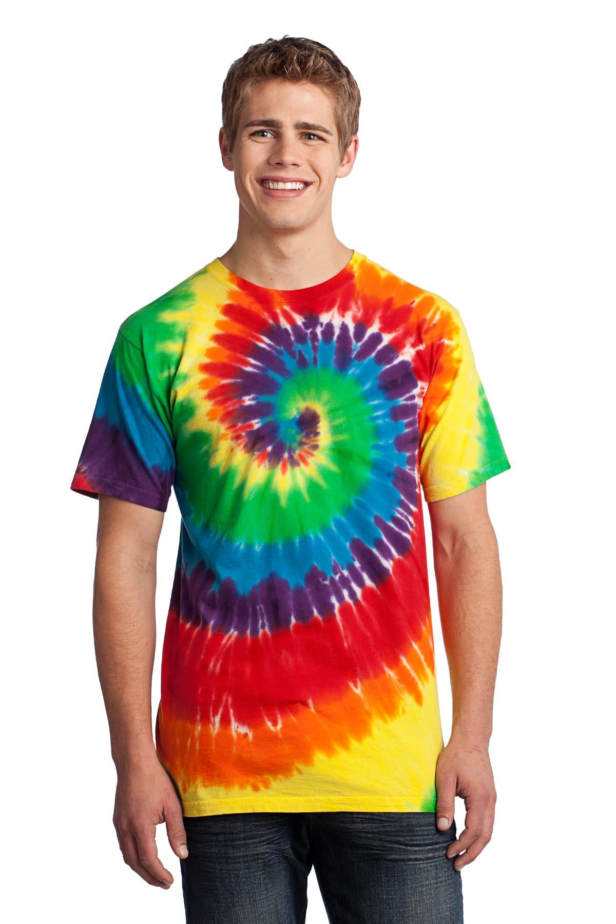 Front View of Rainbow Port & Co Tie-Dye Tee. PC147 plain