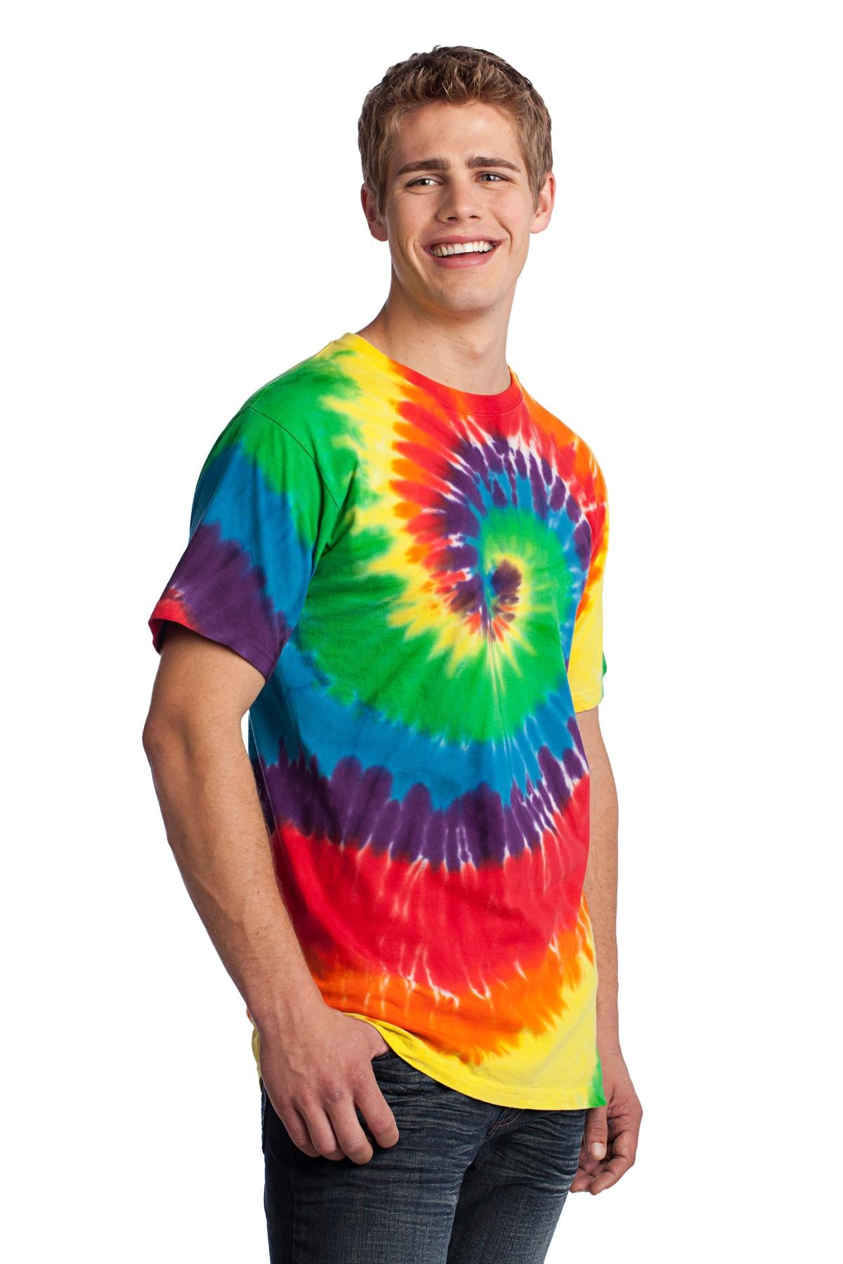 Front View of Rainbow Port & Co Tie-Dye Tee. PC147 plain