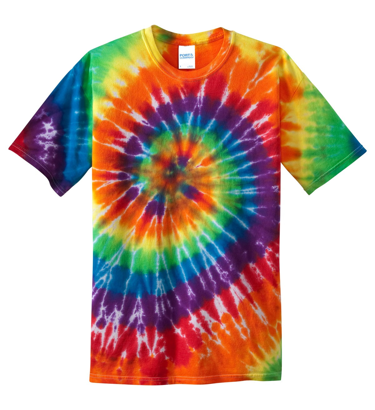 Front View of Rainbow Port & Co Tie-Dye Tee. PC147 plain
