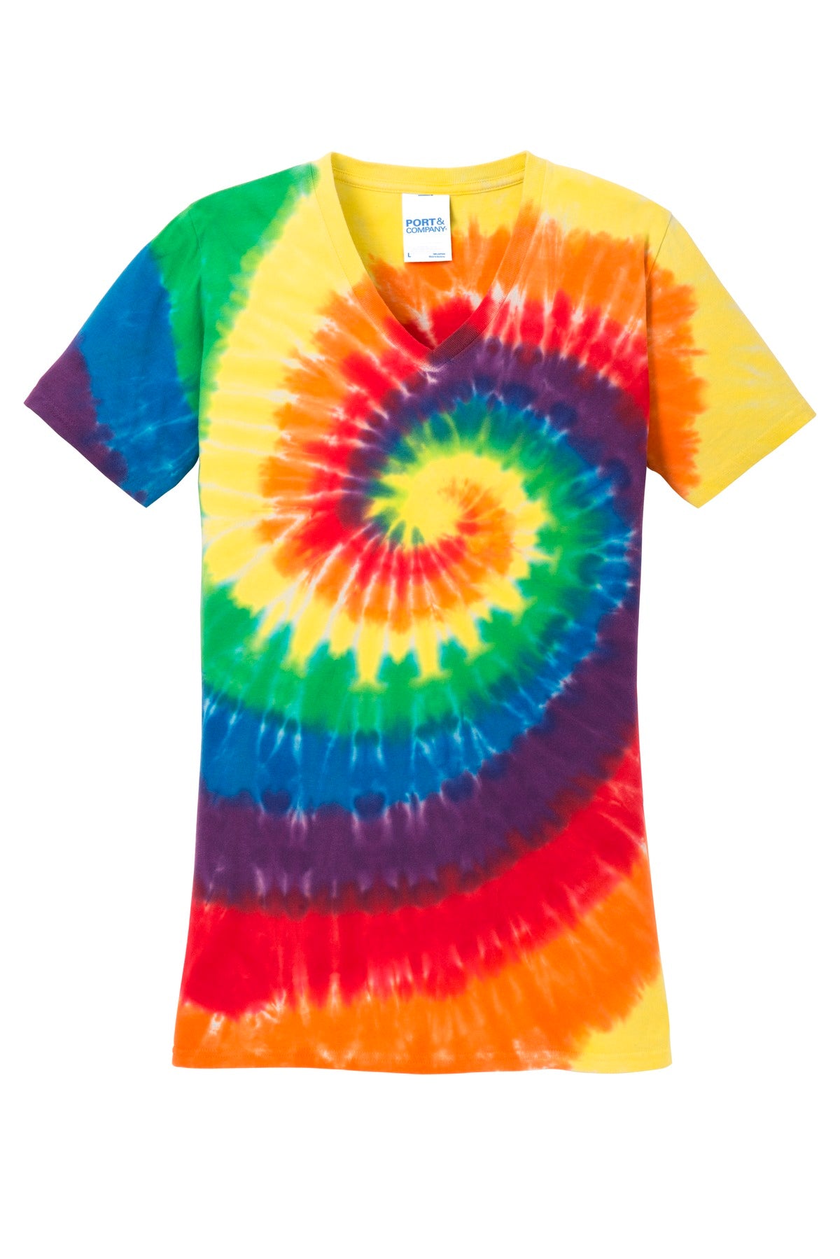 Front View of Rainbow Port & Co Women's Tie-Dye V-Neck Tee. LPC147V plain