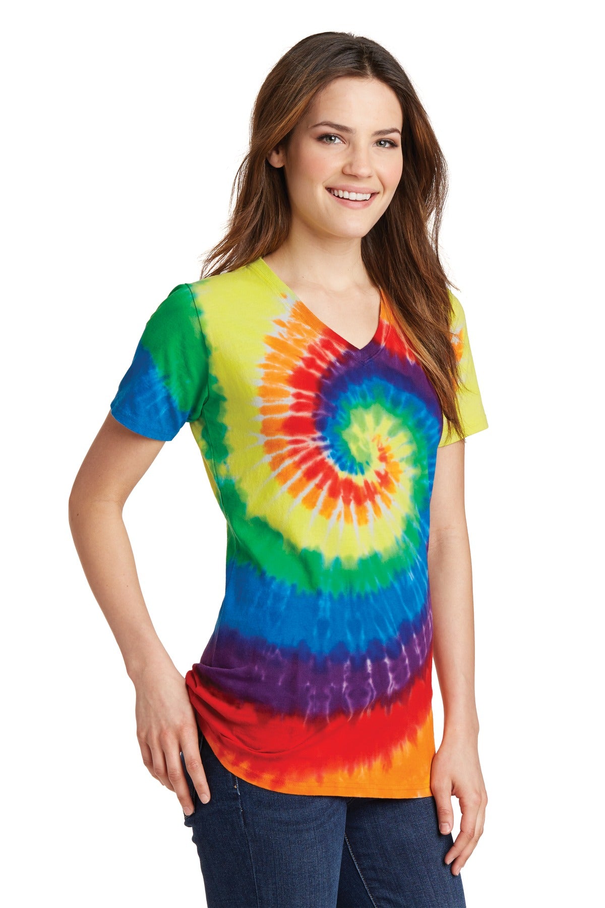 Front View of Rainbow Port & Co Women's Tie-Dye V-Neck Tee. LPC147V plain
