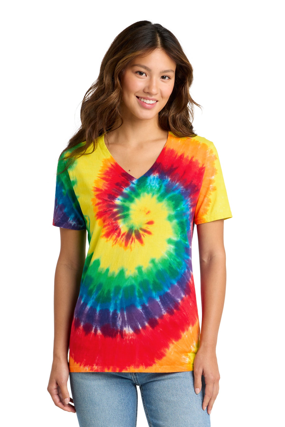 Front View of Rainbow Port & Co Women's Tie-Dye V-Neck Tee. LPC147V plain