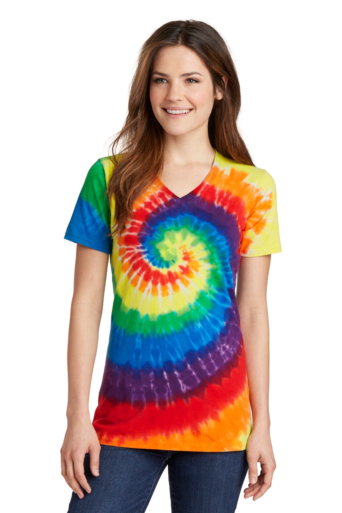 Front View of Rainbow Port & Co Women's Tie-Dye V-Neck Tee. LPC147V plain