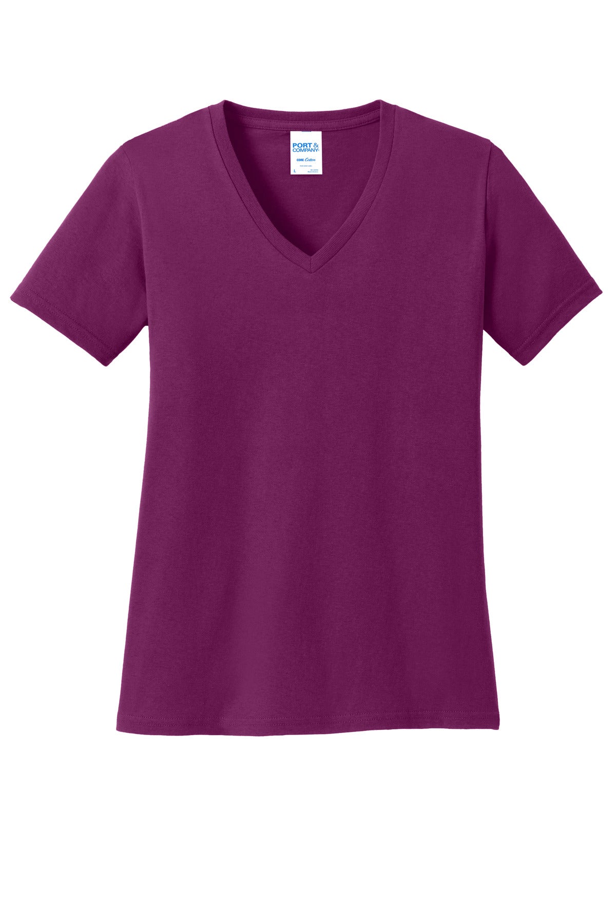 Front View of Raspberry Port & Co Women's Core Cotton V-Neck Tee. LPC54V plain