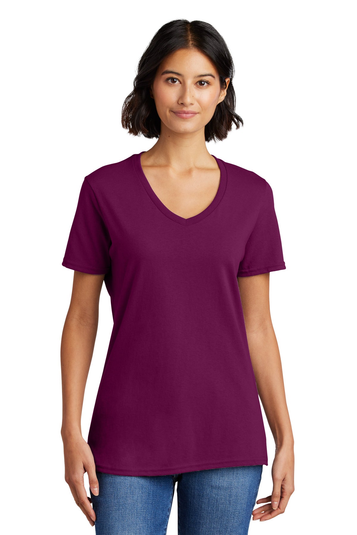 Front View of Raspberry Port & Co Women's Core Cotton V-Neck Tee. LPC54V plain